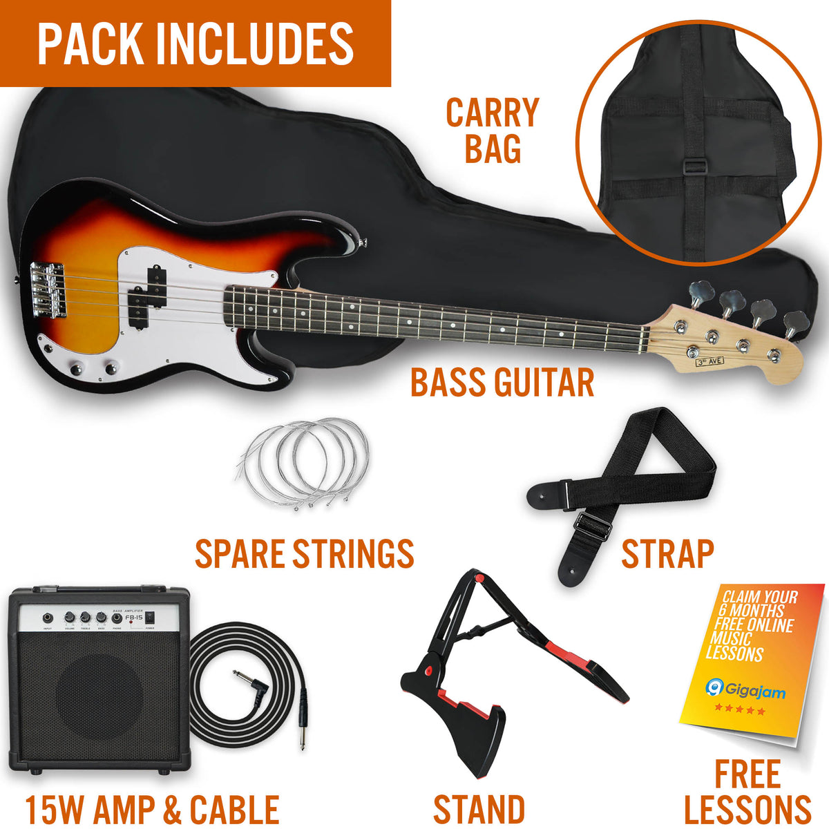 3rd Avenue Rocket Series Electric Bass Guitar Pack Bass Guitars#colour_Sunburst