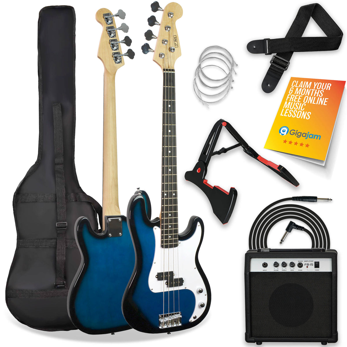 3rd Avenue Rocket Series Electric Bass Guitar Pack Bass Guitars#colour_Blueburst