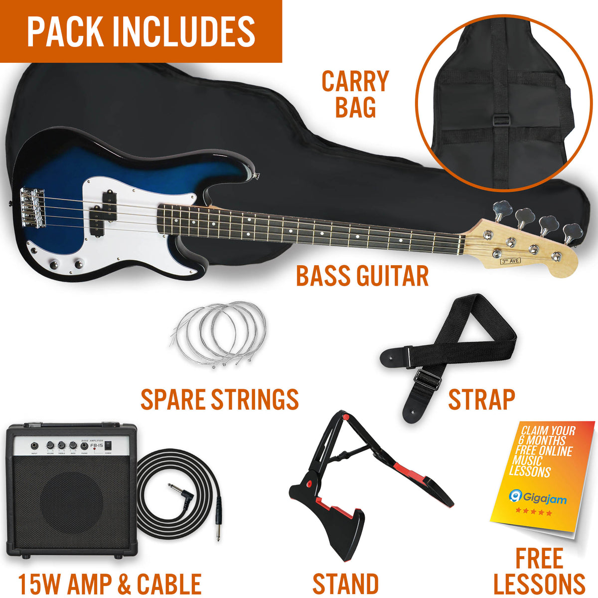 3rd Avenue Rocket Series Electric Bass Guitar Pack Bass Guitars#colour_Blueburst