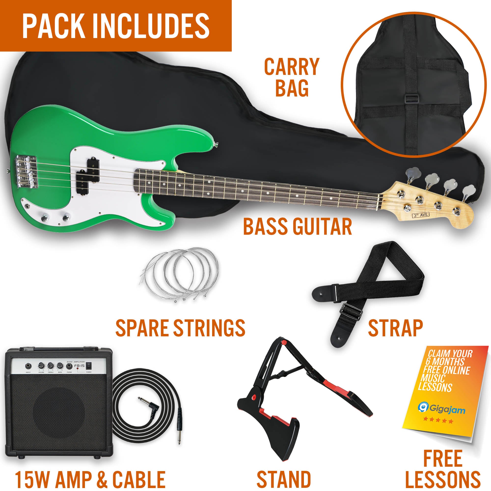 3rd Avenue Rocket Series Electric Bass Guitar Pack Bass Guitars#colour_Green