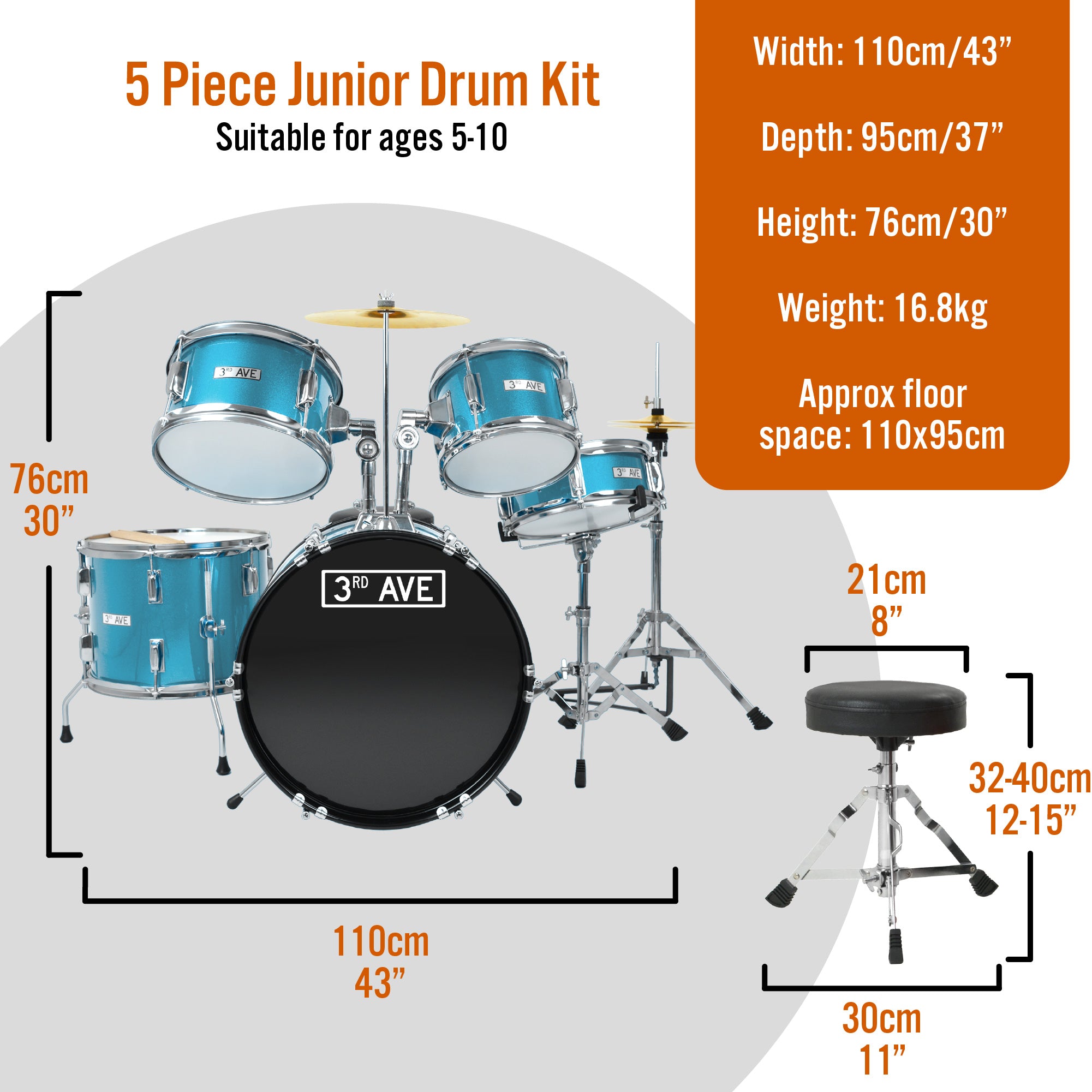 3rd Avenue 5 Piece Junior Drum Kit#Colour_Blue