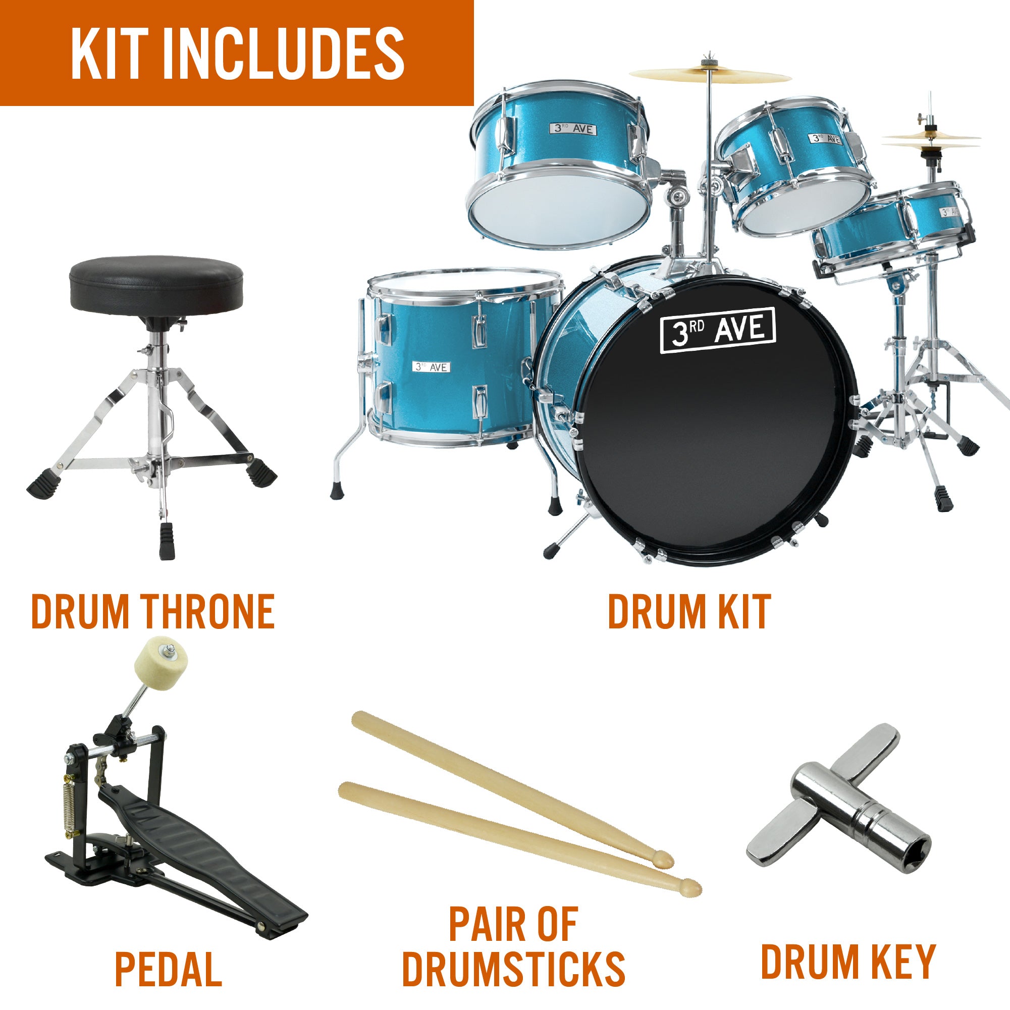 3rd Avenue 5 Piece Junior Drum Kit#Colour_Blue
