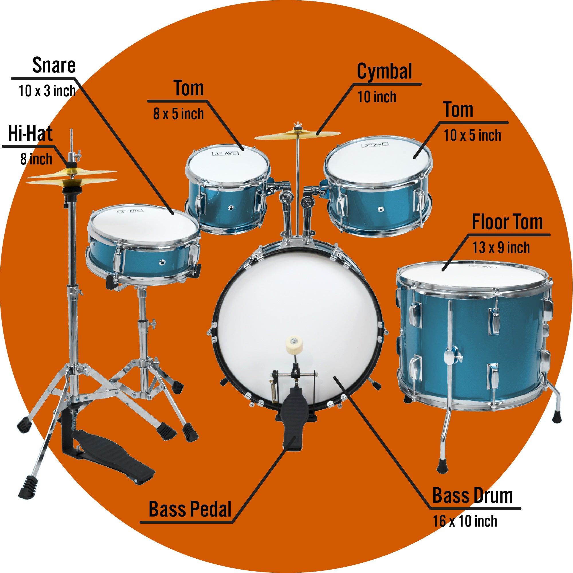 3rd Avenue 5 Piece Junior Drum Kit#Colour_Blue