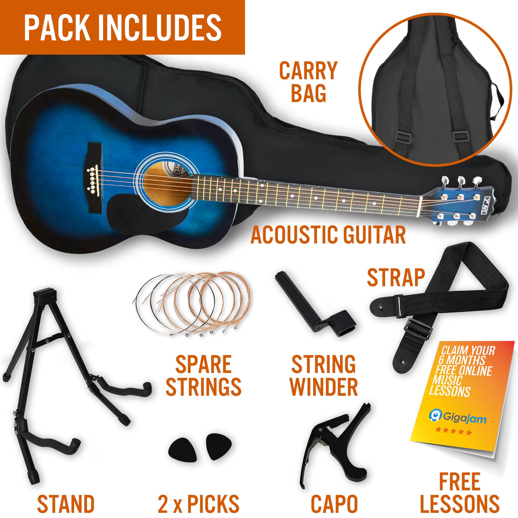 3rd Avenue Full Size Acoustic Guitar Premium Pack Blueburst Acoustic Guitars#Colour_Blueburst