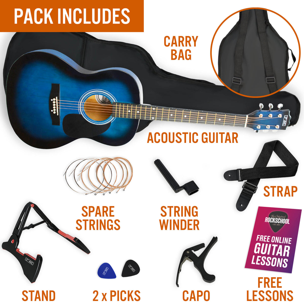 3rd Avenue Full Size Acoustic Guitar Premium Pack Blueburst Acoustic Guitars#Colour_Blueburst