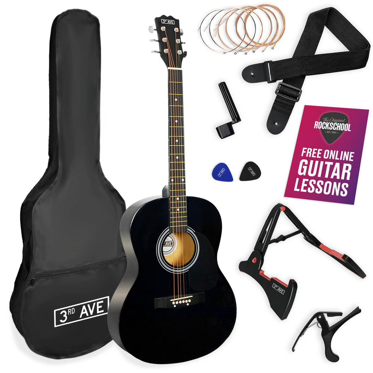 3rd Avenue Full Size Acoustic Guitar Premium Pack Black Acoustic Guitars#Colour_Black