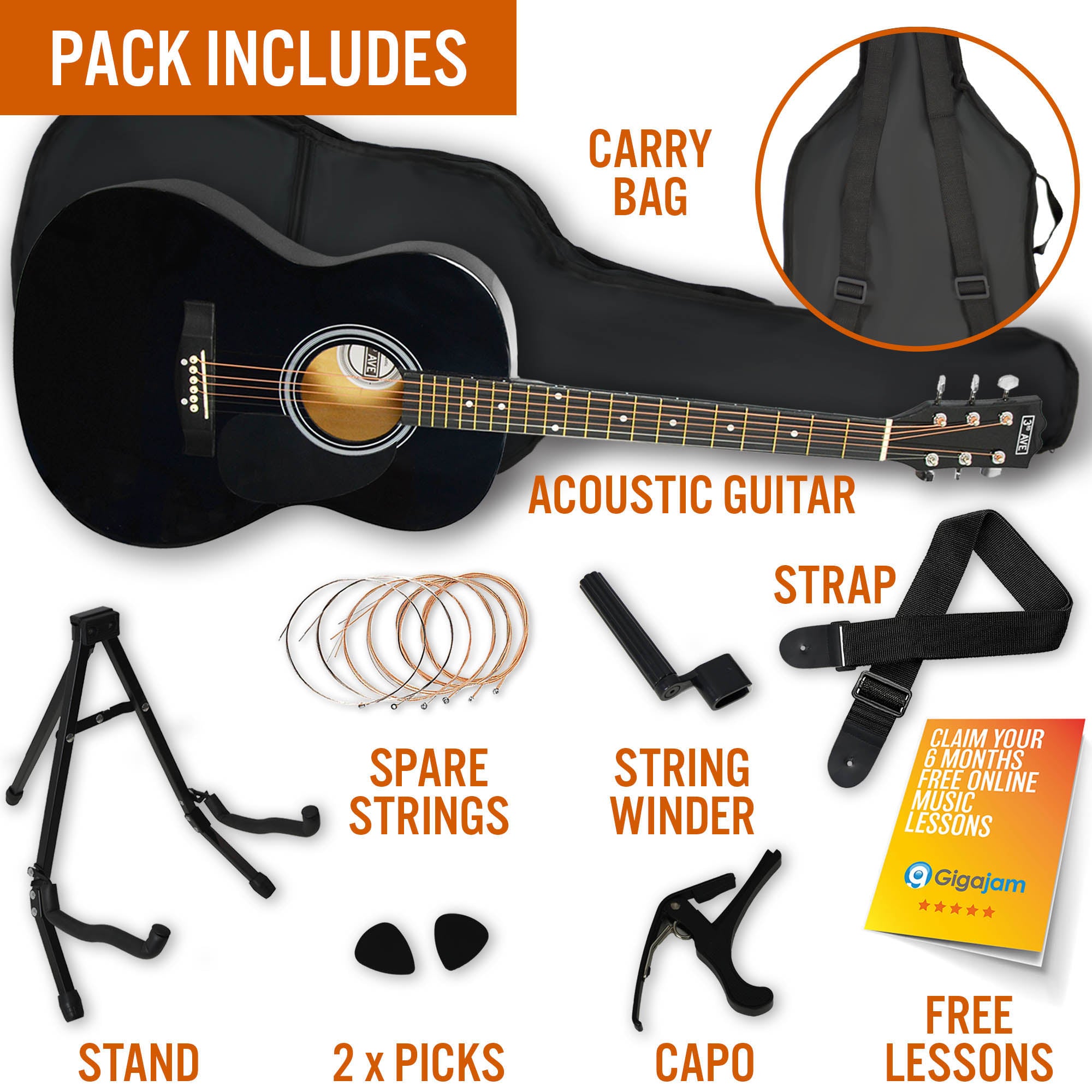 3rd Avenue Full Size Acoustic Guitar Premium Pack Black Acoustic Guitars#Colour_Black