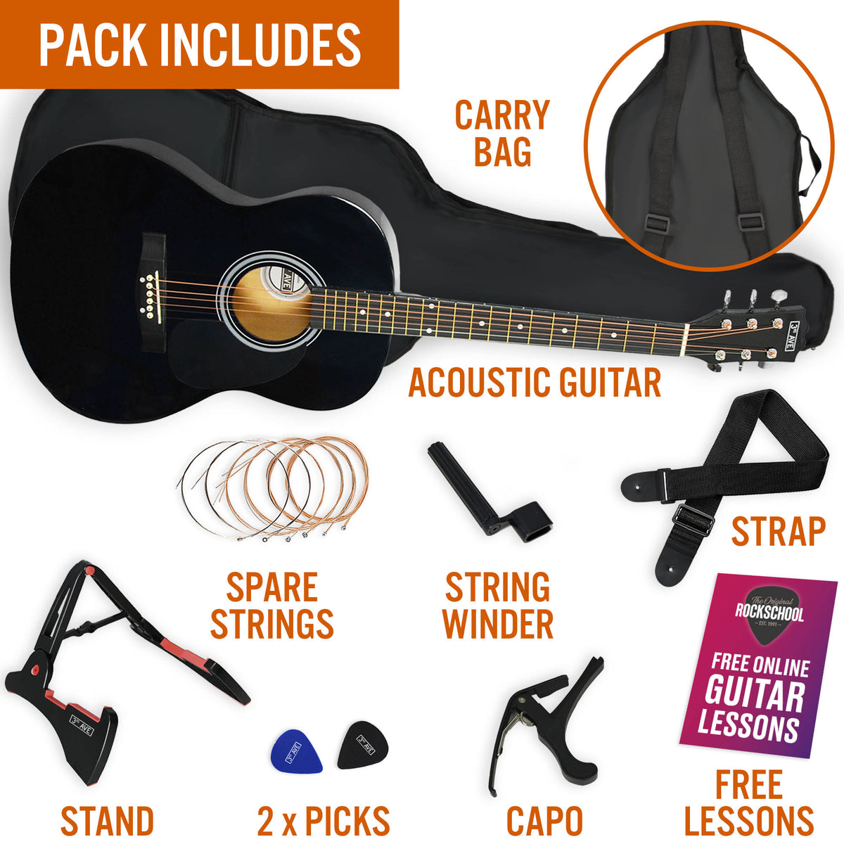 3rd Avenue Full Size Acoustic Guitar Premium Pack Black Acoustic Guitars#Colour_Black