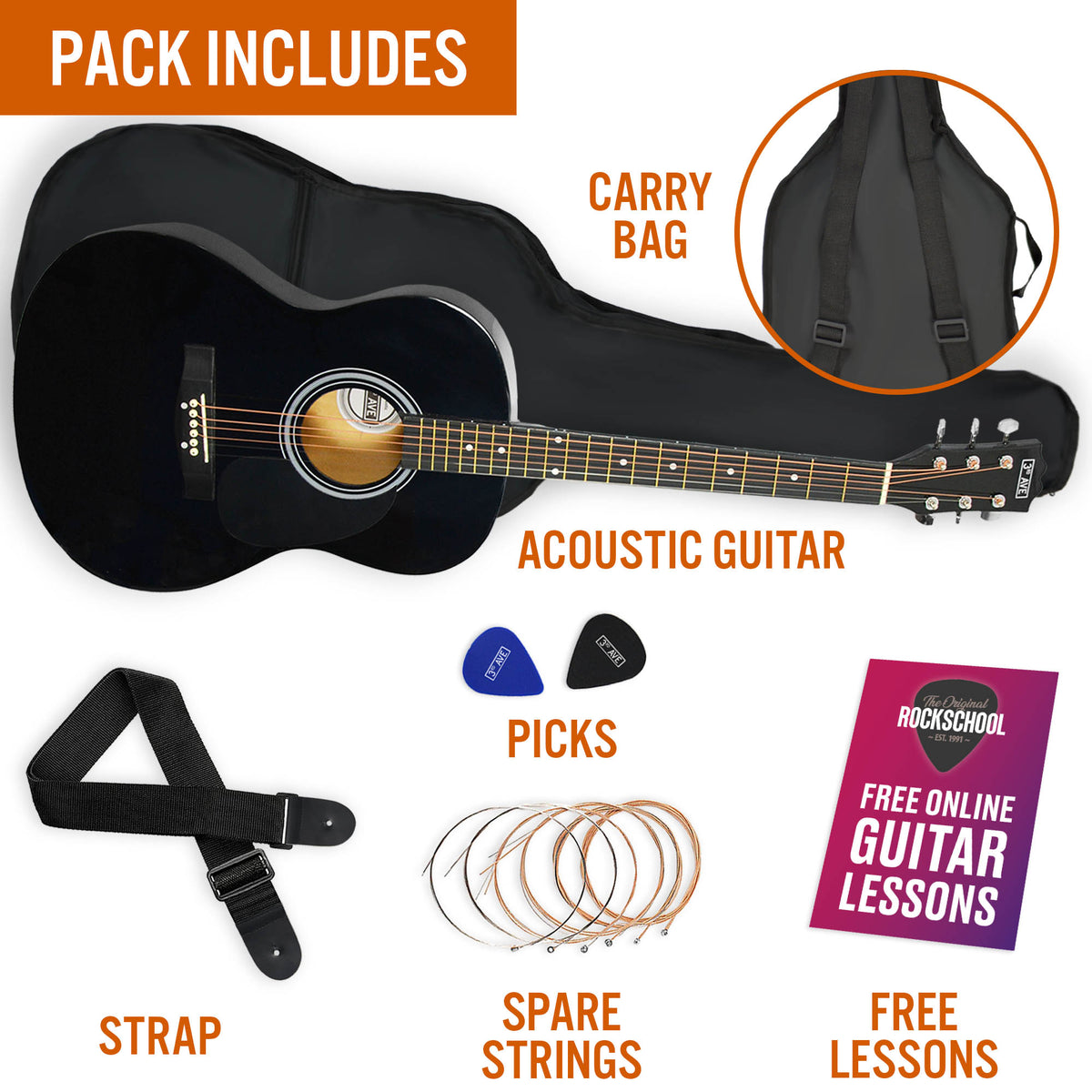 3rd Avenue Full Size Acoustic Guitar Pack Black Acoustic Guitars#Colour_Black
