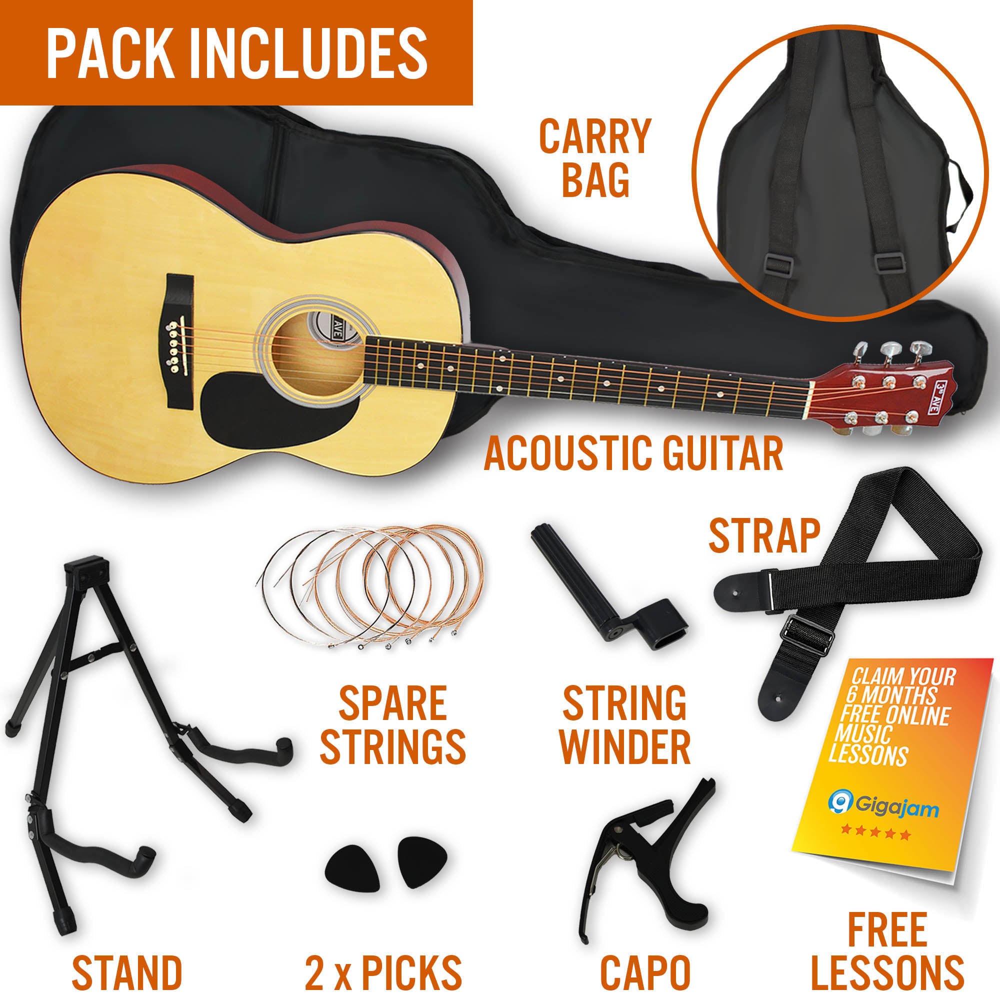 3rd Avenue Full Size Acoustic Guitar Premium Pack Natural Acoustic Guitars#Colour_Natural