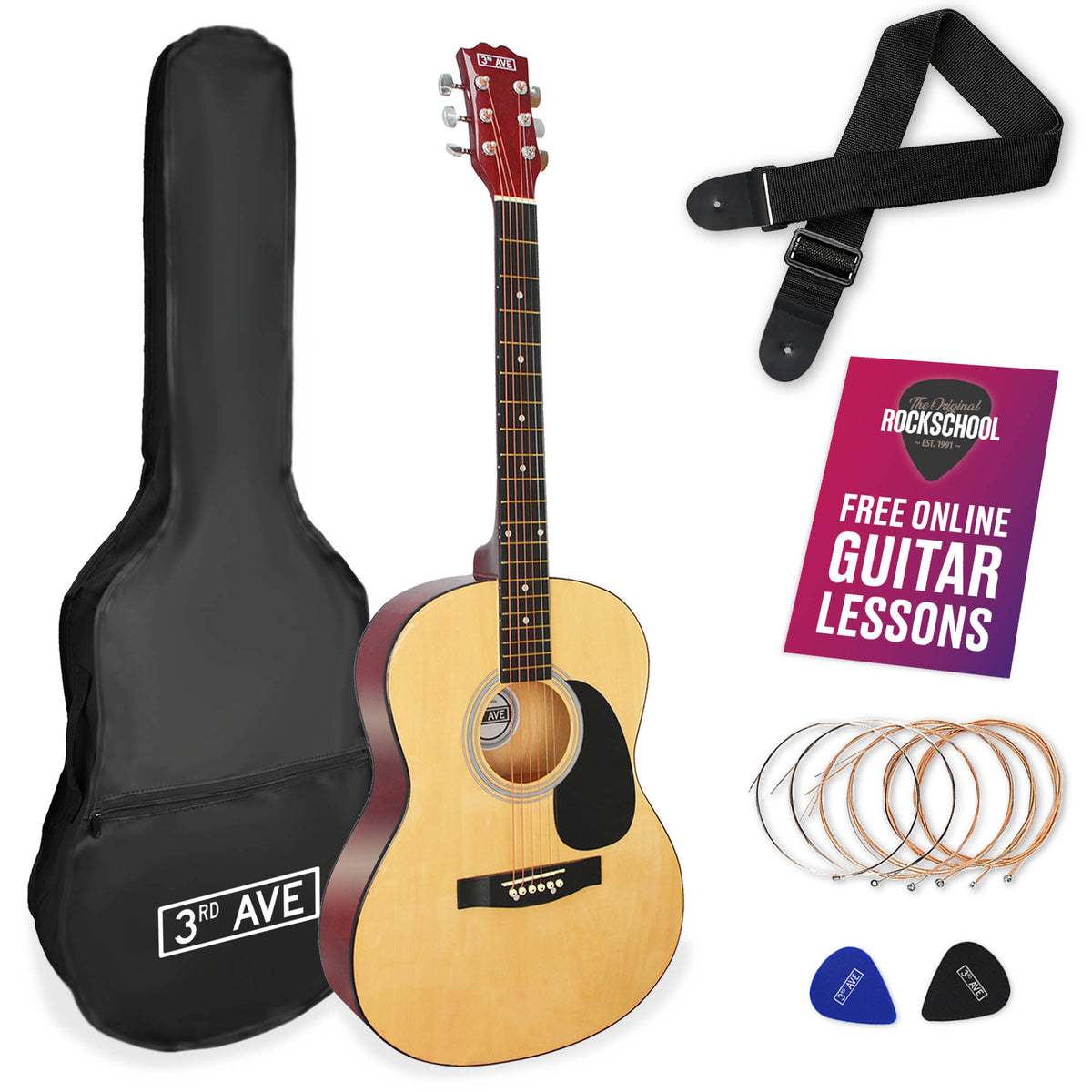 3rd Avenue Full Size Acoustic Guitar Pack Natural Acoustic Guitars#Colour_Natural