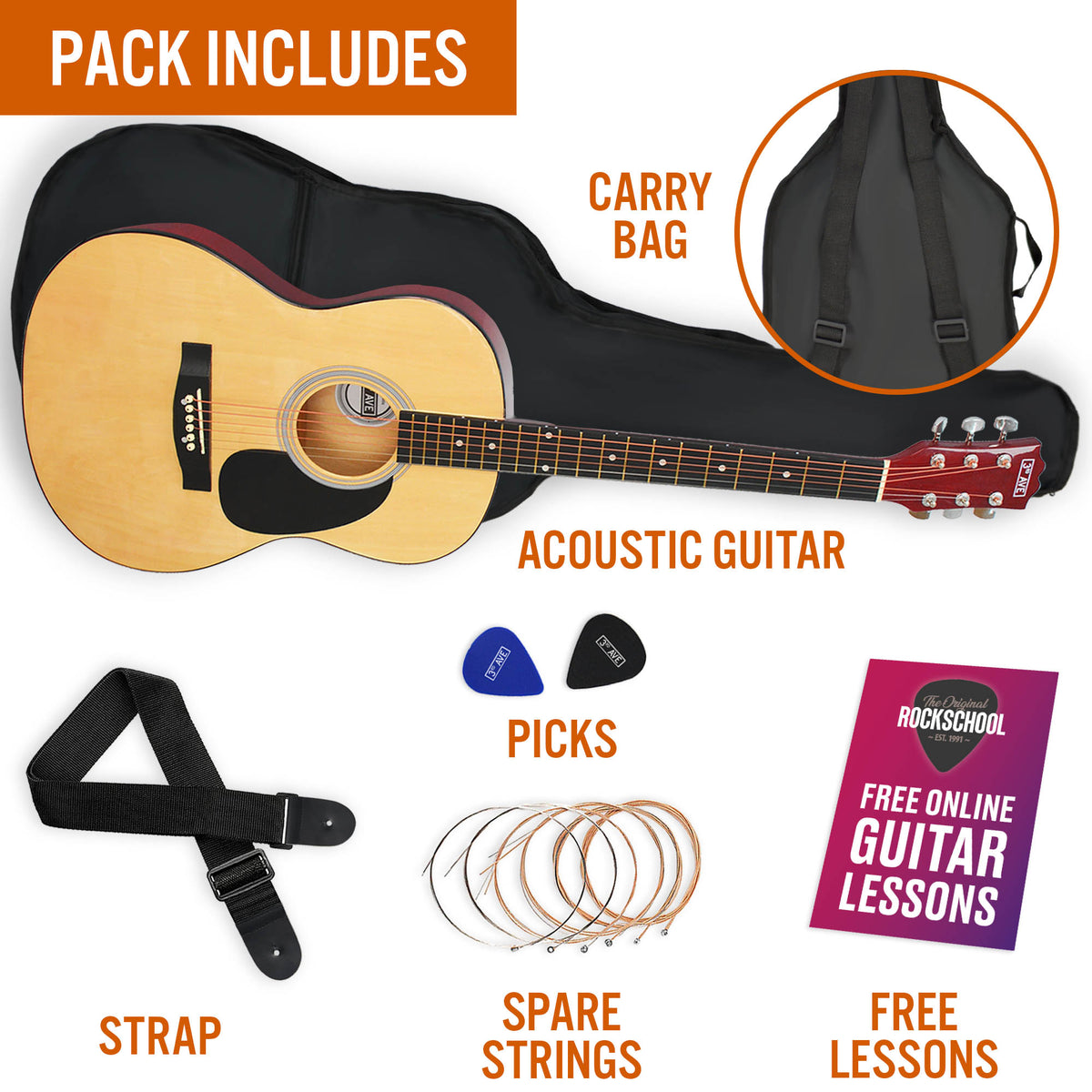 3rd Avenue Full Size Acoustic Guitar Pack Natural Acoustic Guitars#Colour_Natural