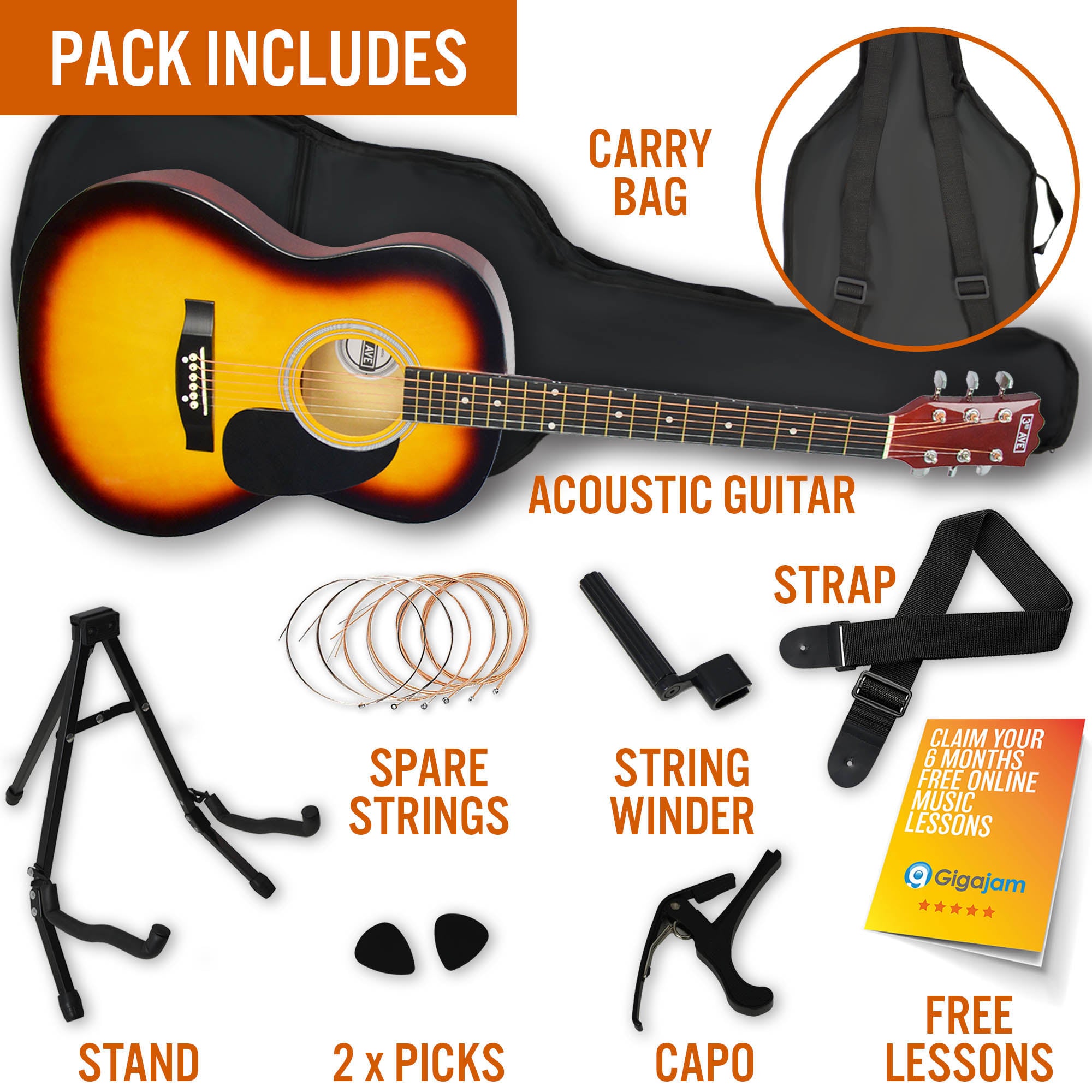 3rd Avenue Full Size Acoustic Guitar Premium Pack Sunburst Acoustic Guitars#Colour_Sunburst