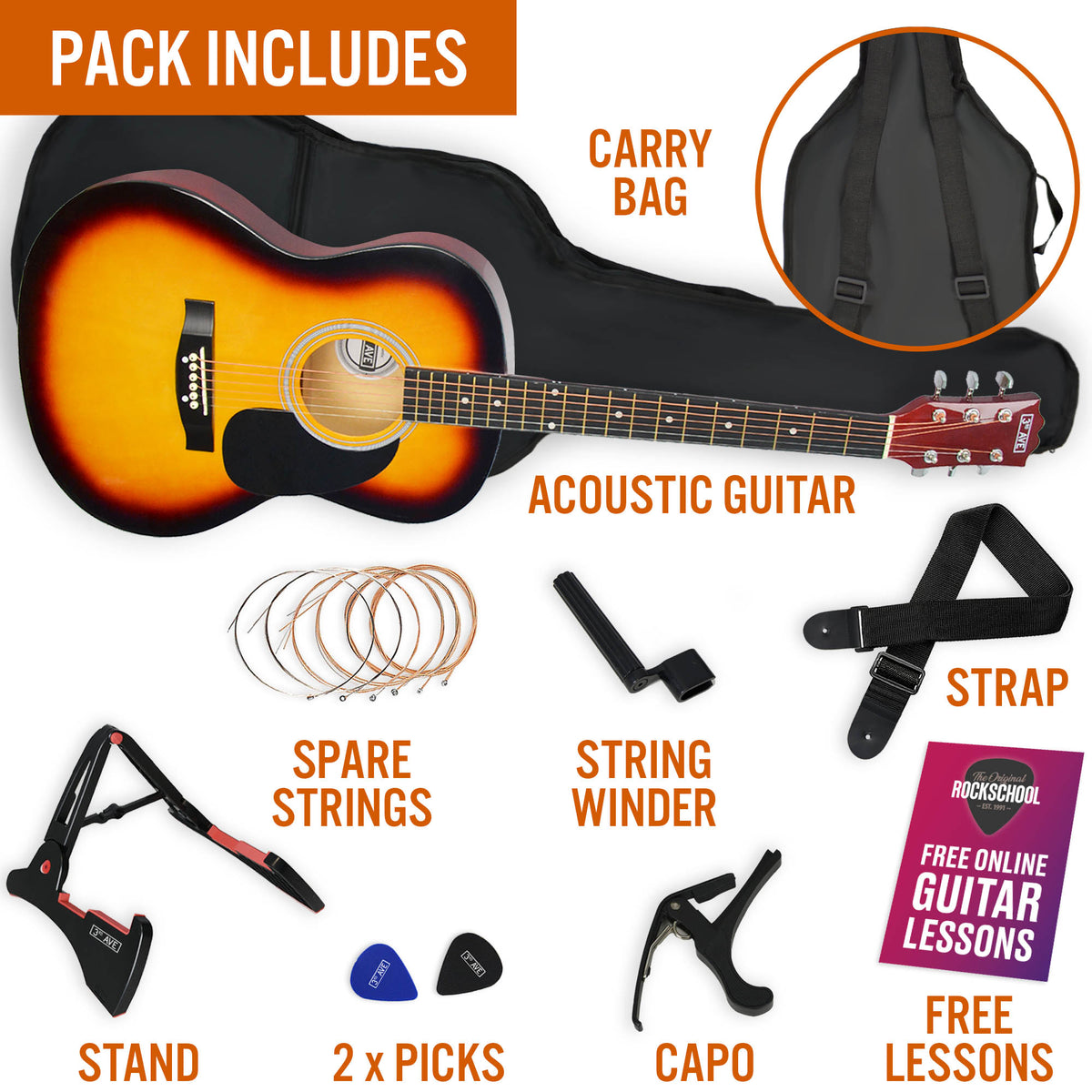 3rd Avenue Full Size Acoustic Guitar Premium Pack Sunburst Acoustic Guitars#Colour_Sunburst