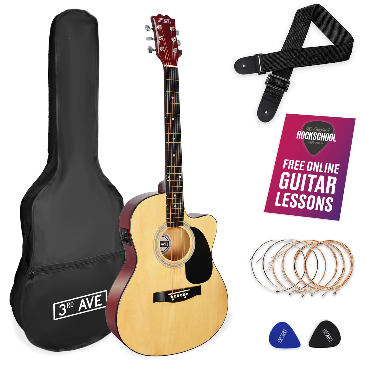 3rd Avenue Full Size Cutaway Electro Acoustic Guitar Pack Natural Acoustic Guitars#Colour_Natural