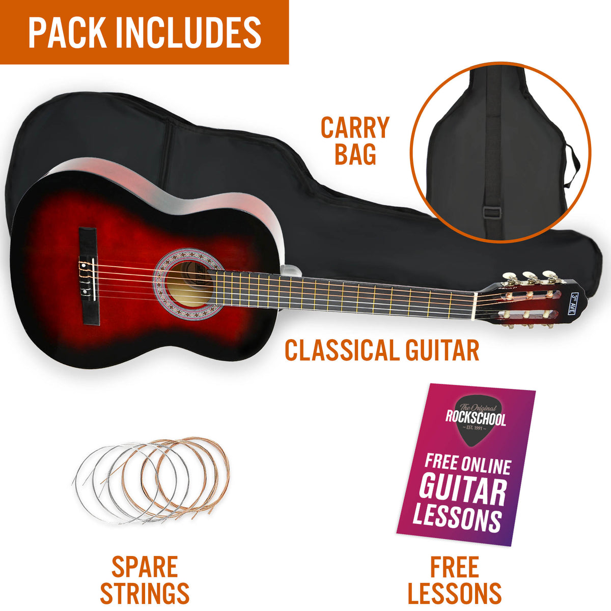 3rd Avenue 3/4 Size Classical Guitar Pack Redburst Classical Guitars#Colour_Redburst