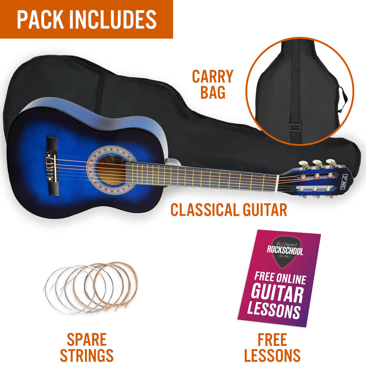 3rd Avenue 1/2 Size Classical Guitar Pack Blueburst Classical Guitars#Colour_Blueburst