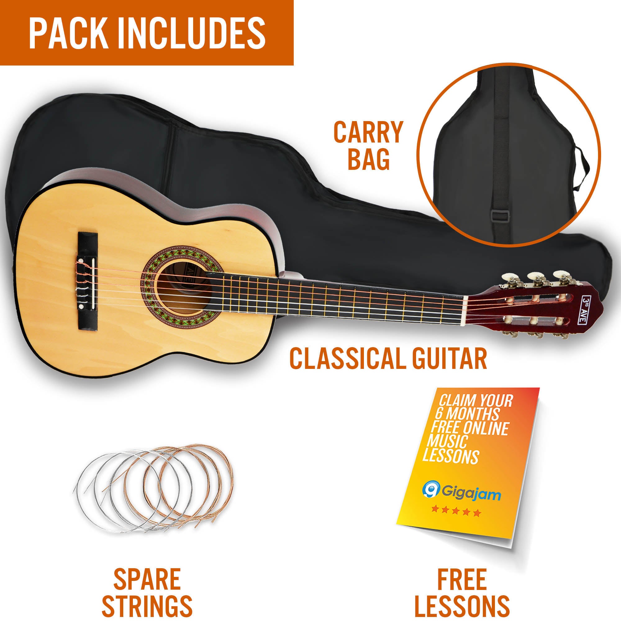 3rd Avenue 1/2 Size Classical Guitar Pack Natural Classical Guitars#Colour_Natural