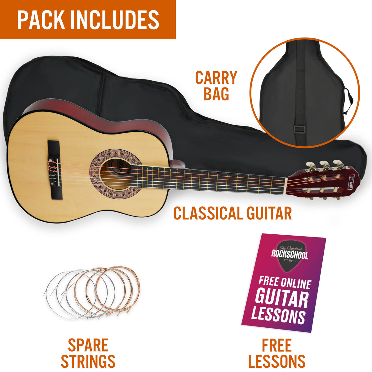 3rd Avenue 1/2 Size Classical Guitar Pack Natural Classical Guitars#Colour_Natural
