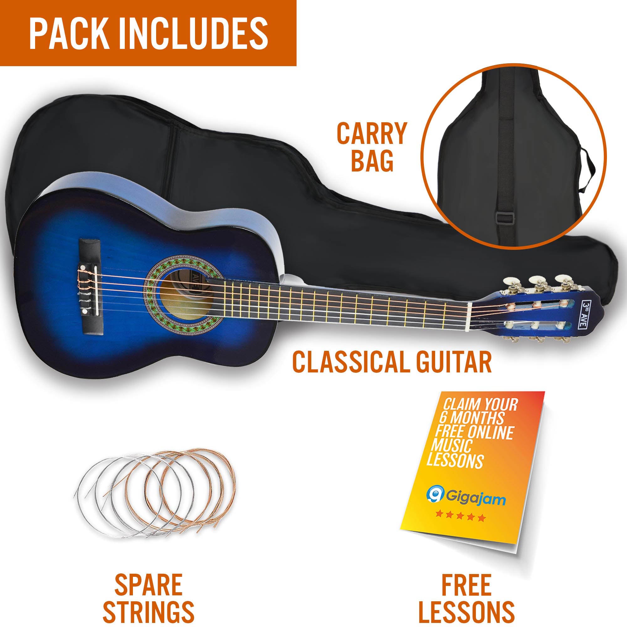 3rd Avenue 1/4 Size Classical Guitar Pack Blueburst Classical Guitars#Colour_Blueburst