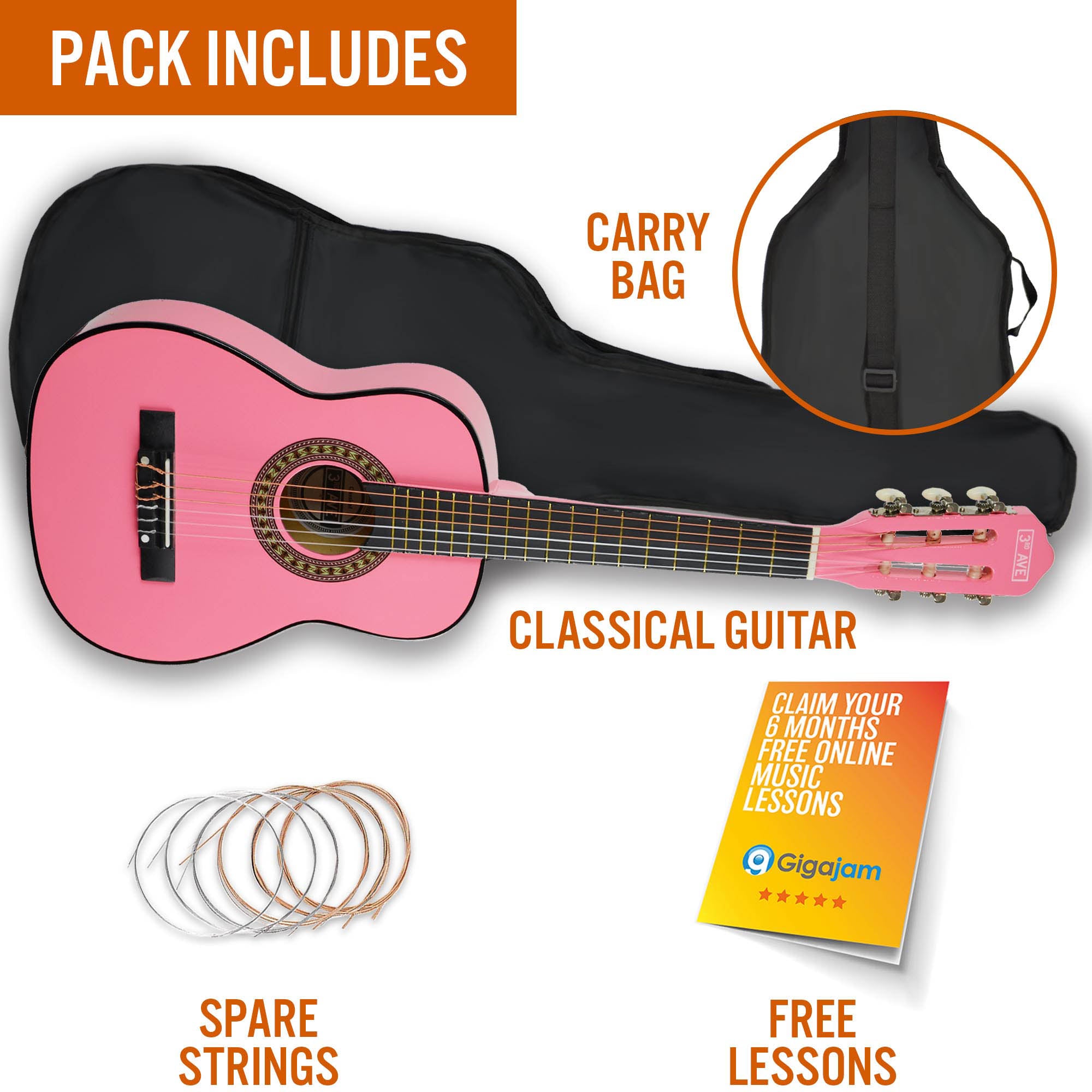 3rd Avenue 1/4 Size Classical Guitar Pack Pink Classical Guitars#Colour_Pink