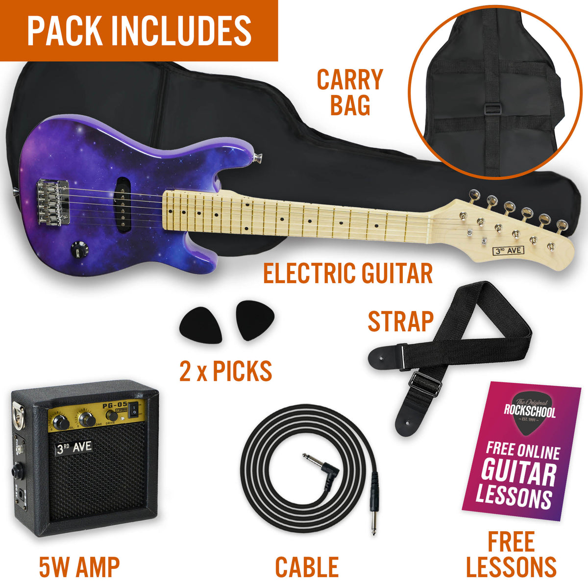 3rd Avenue Junior Electric Guitar Pack Pink Electric Guitars#Colour_Galaxy