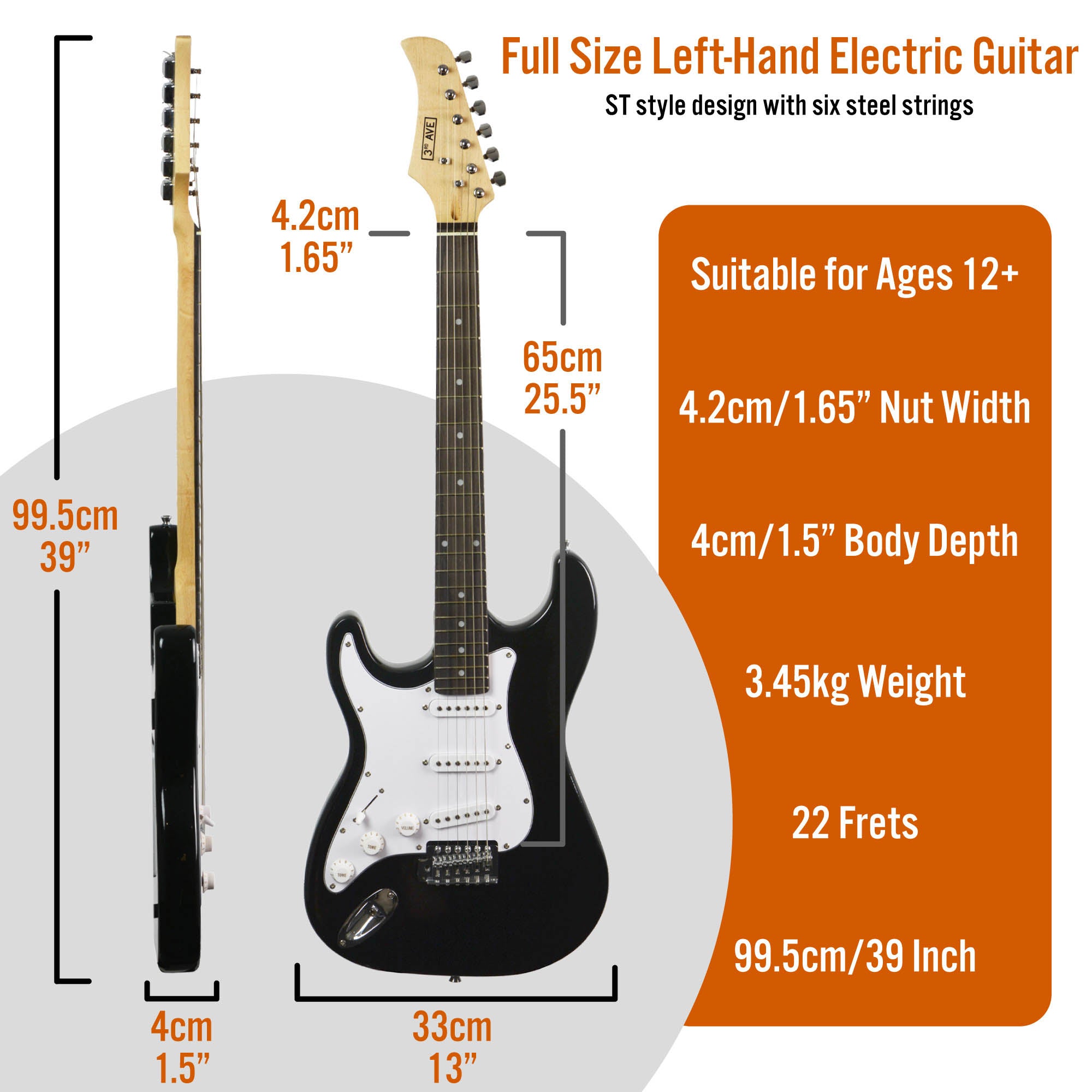 3rd Avenue 4/4 Size Electric Guitar with Amp - Left Hand