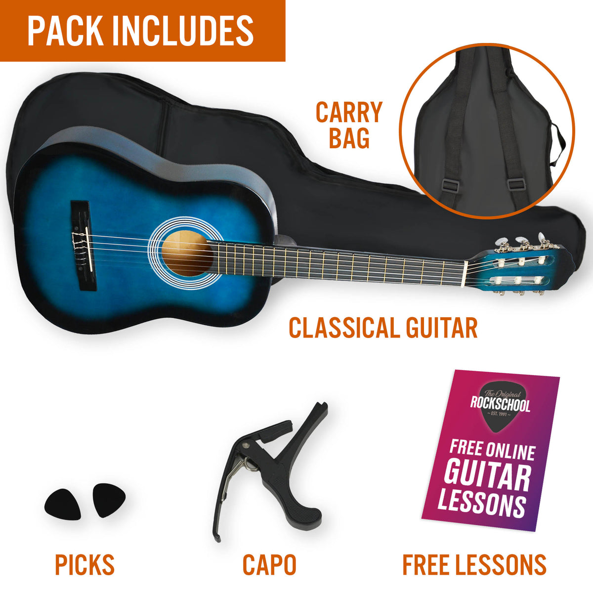 XF 3/4 Size Classical Guitar Pack Natural Classical Guitars#Colour_Blueburst