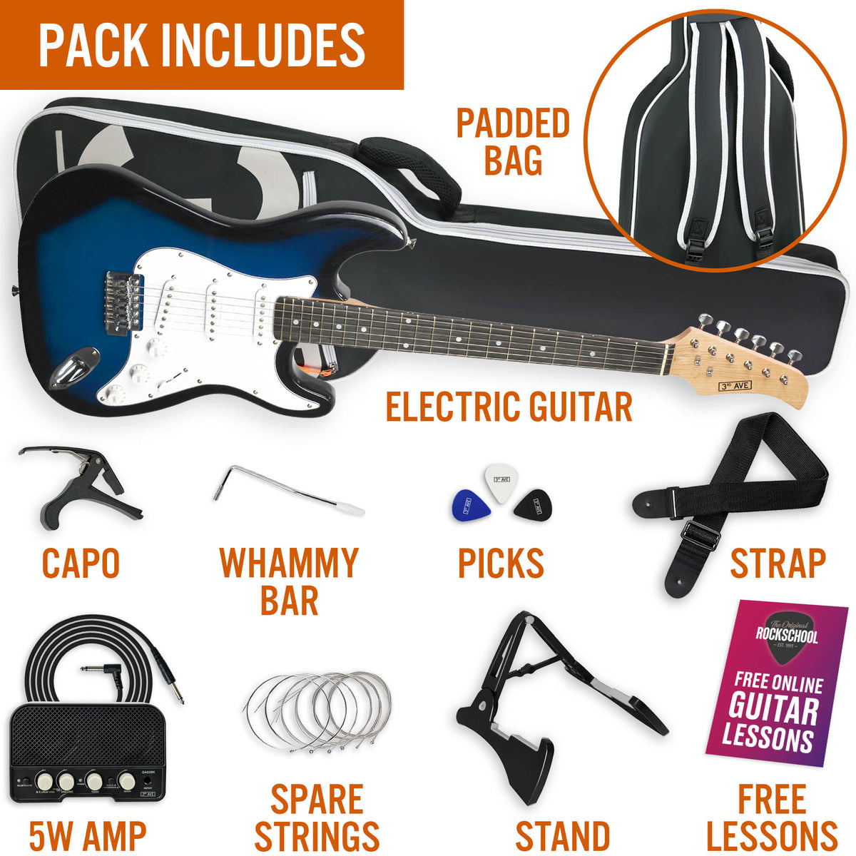 3rd Avenue Full Size Electric Guitar Pack with Bluetooth Amp#Colour_Blueburst