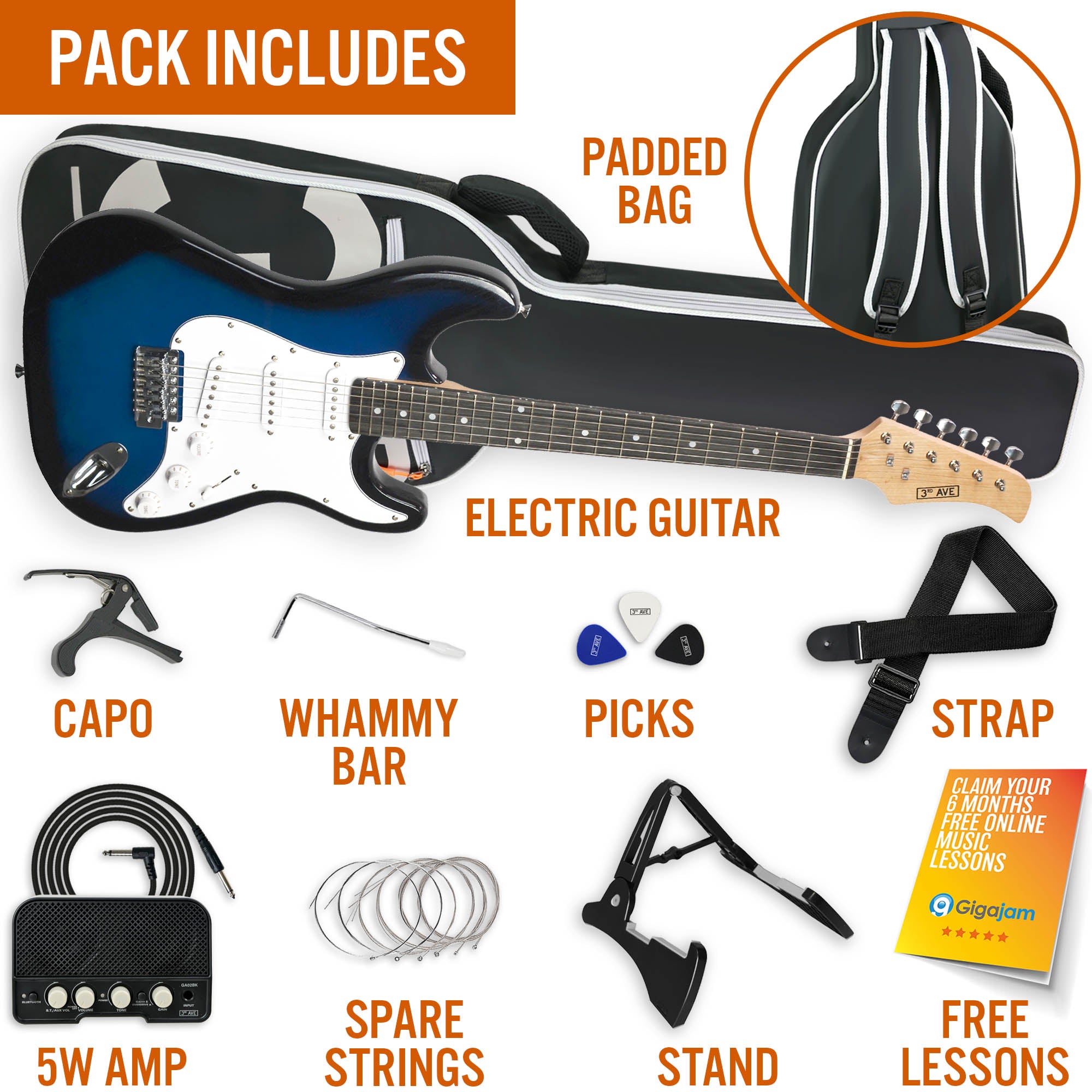 3rd Avenue Full Size Electric Guitar Pack with Bluetooth Amp#Colour_Blueburst