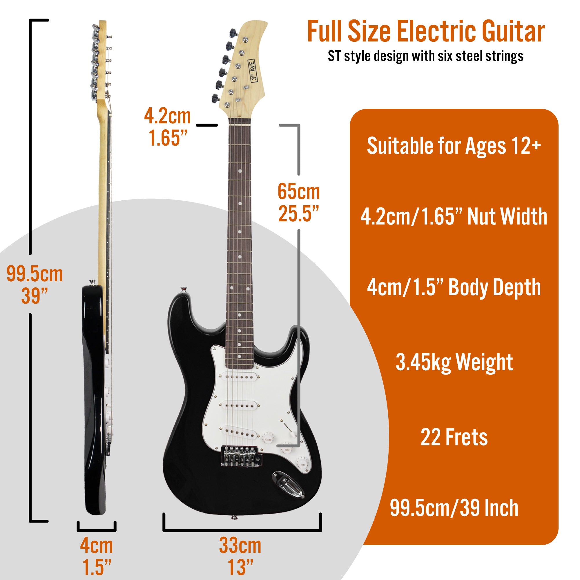 3rd Avenue Full Size Electric Guitar Pack with Bluetooth Amp#Colour_Black