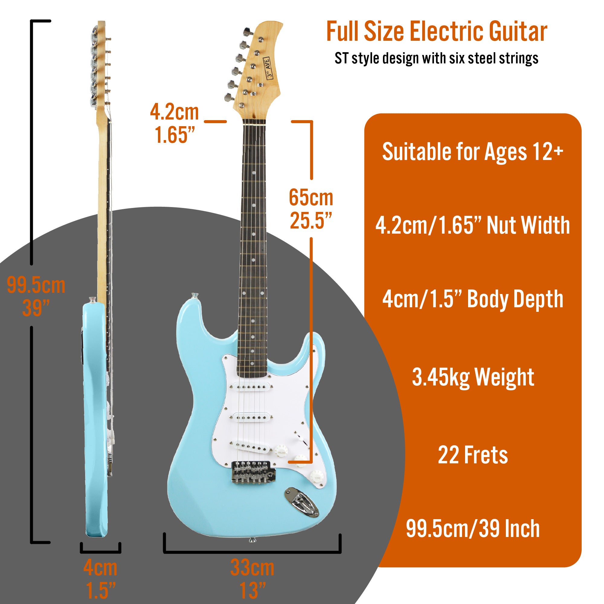 3rd Avenue Full Size Pastel Electric Guitar Pack#Colour_Blue