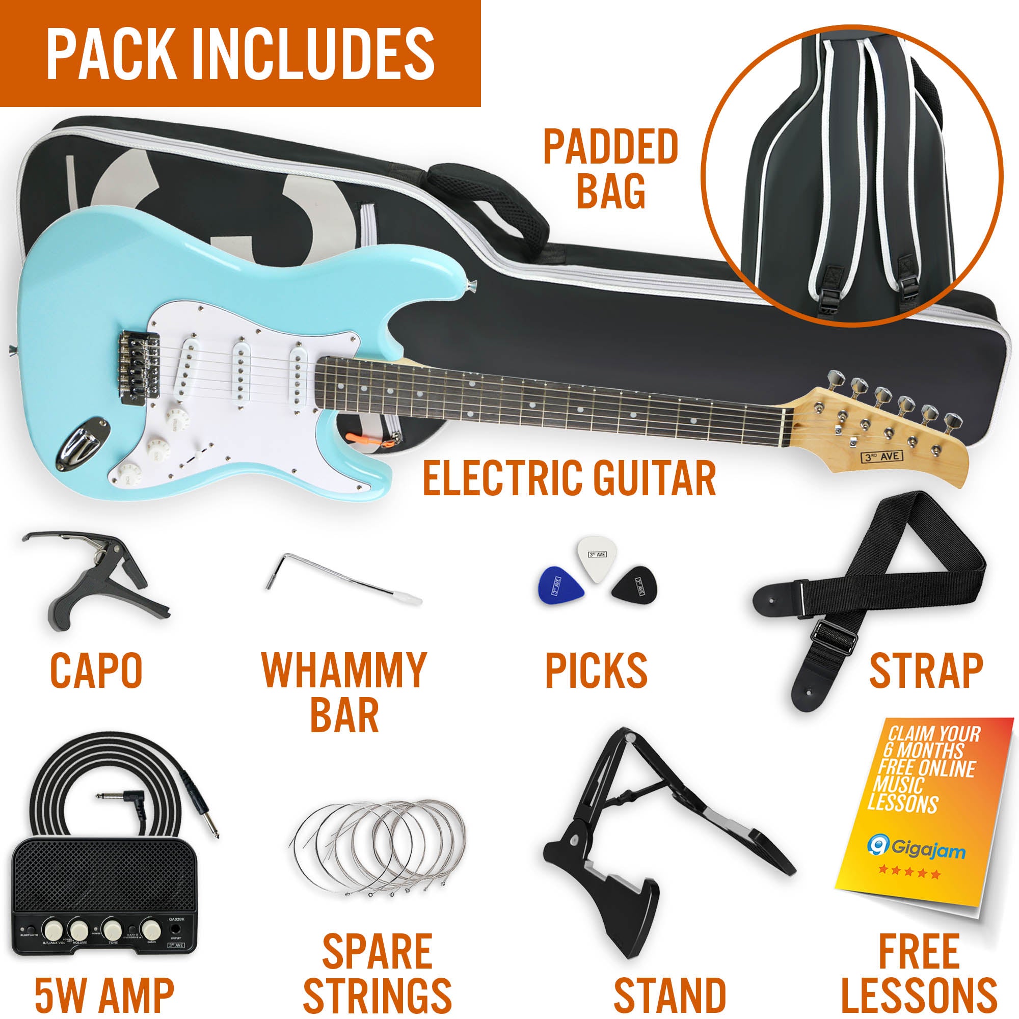 3rd Avenue Full Size Pastel Electric Guitar Pack#Colour_Blue