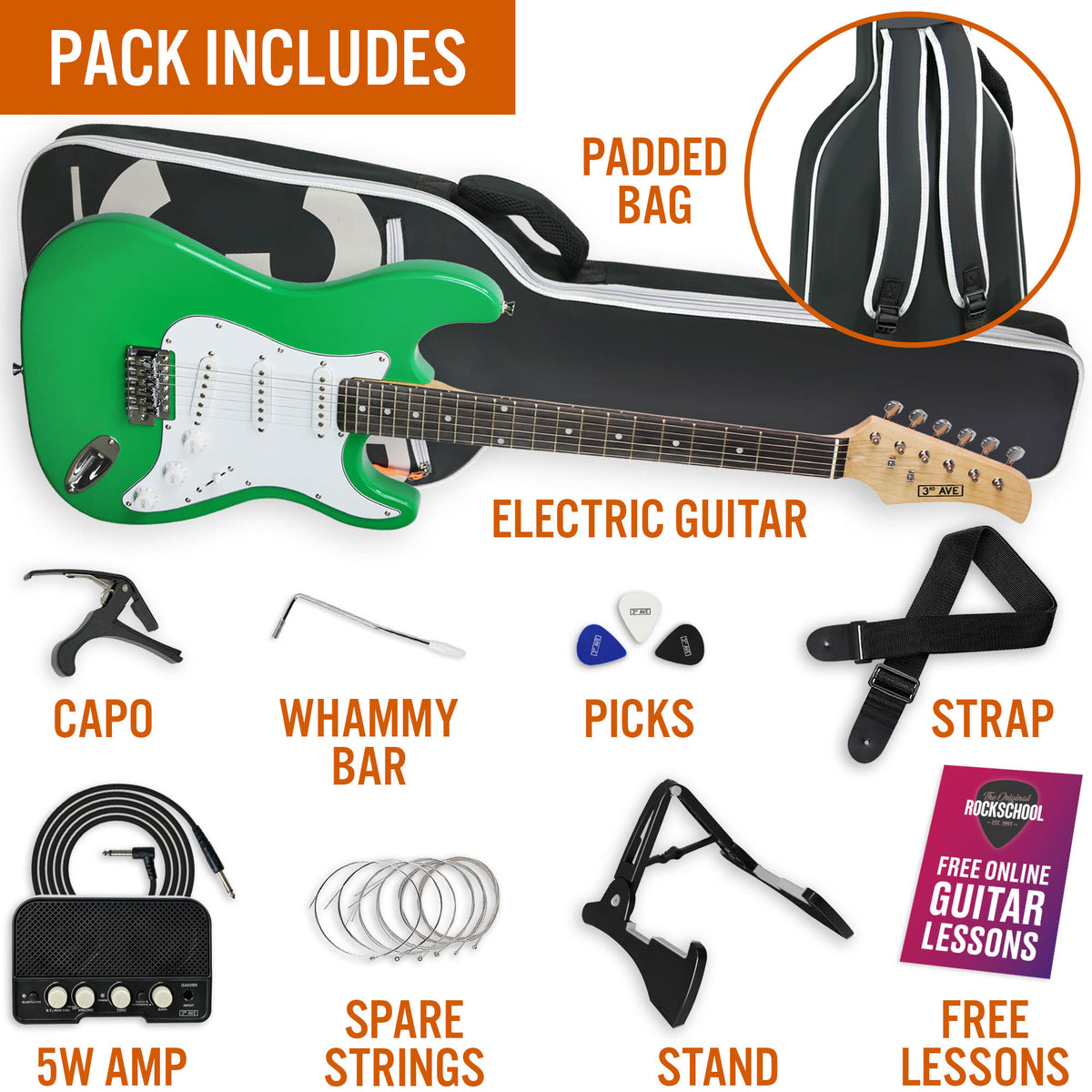3rd Avenue Full Size Electric Guitar Pack with Bluetooth Amp#Colour_Green