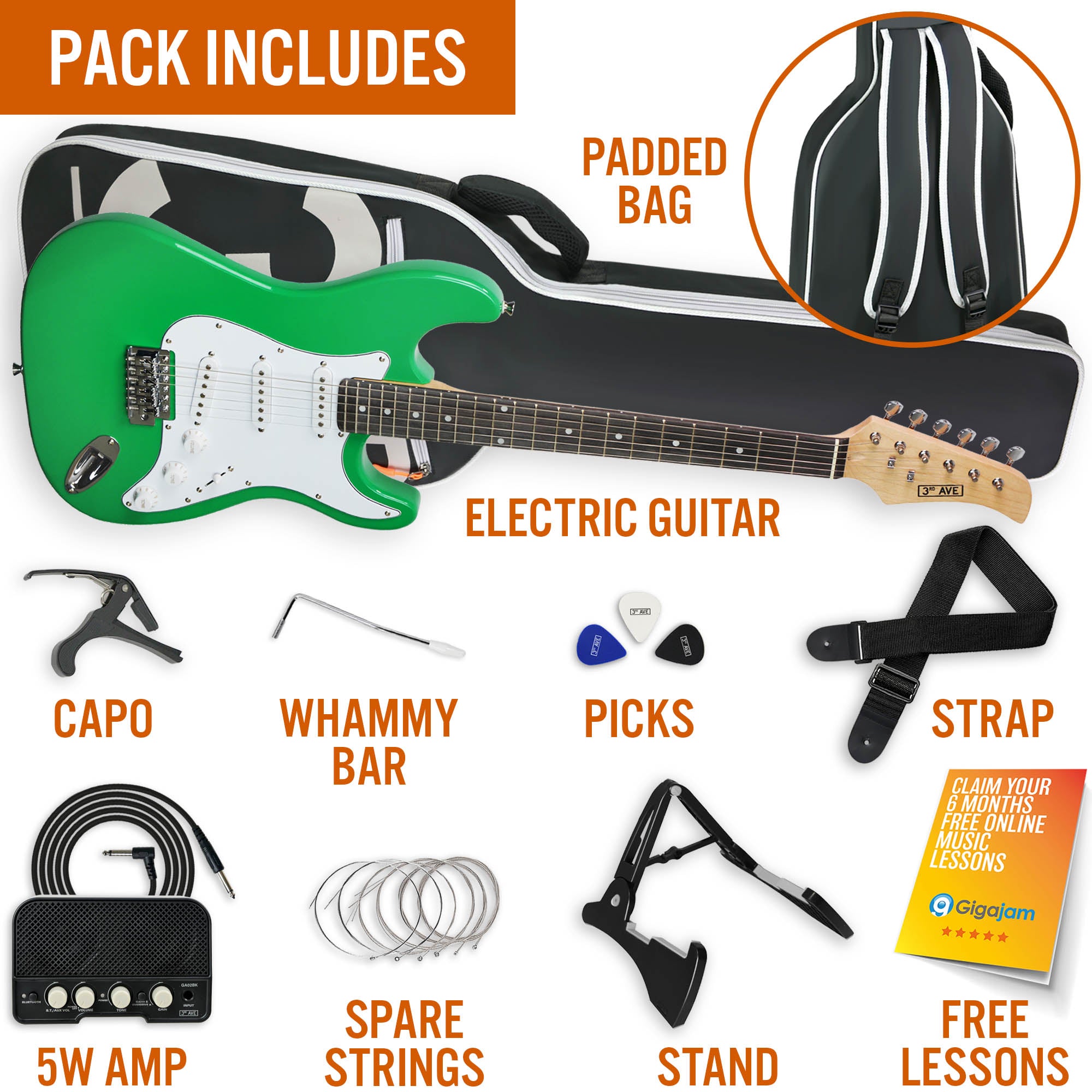 3rd Avenue Full Size Electric Guitar Pack with Bluetooth Amp#Colour_Green