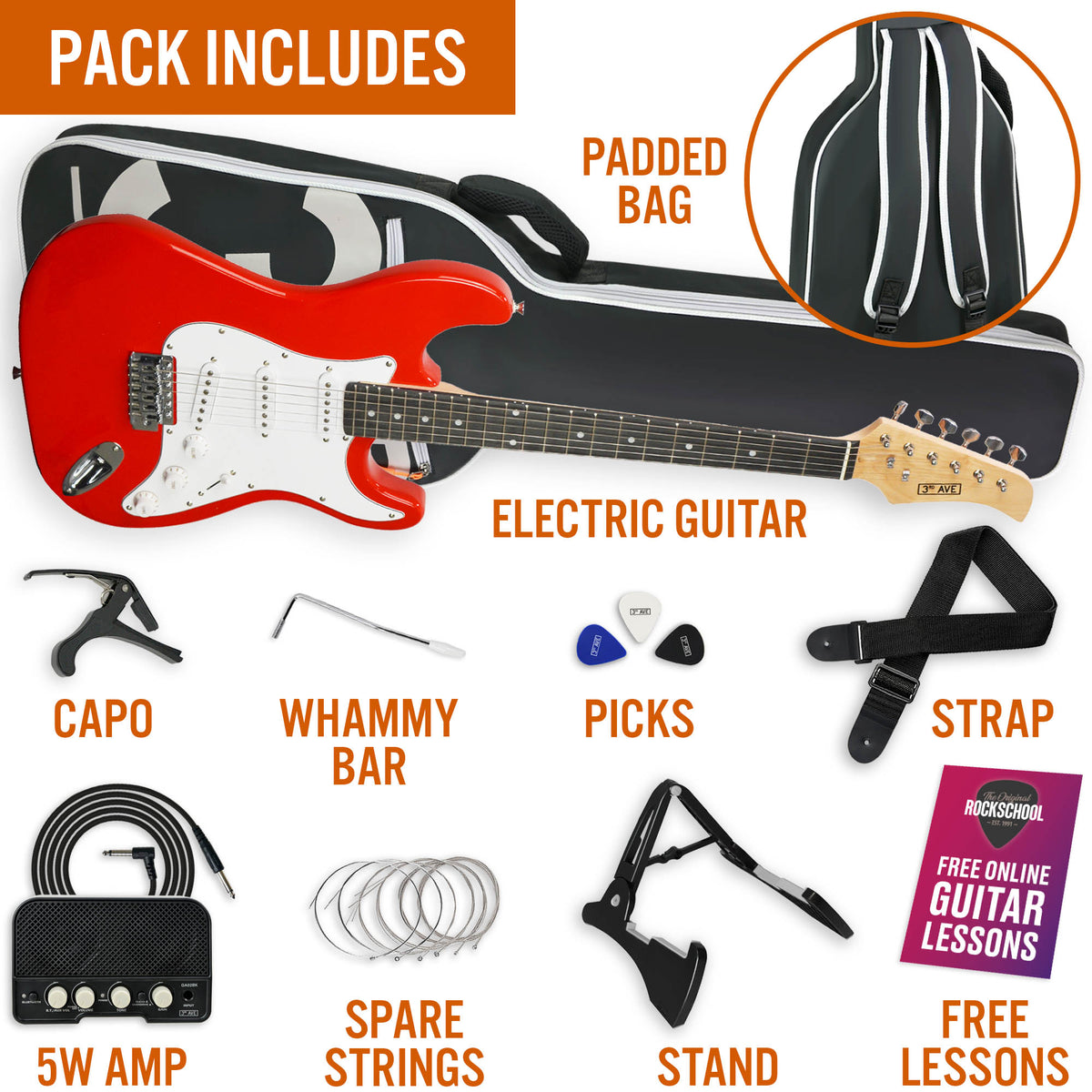 3rd Avenue Full Size Electric Guitar Pack with Bluetooth Amp#Colour_Red