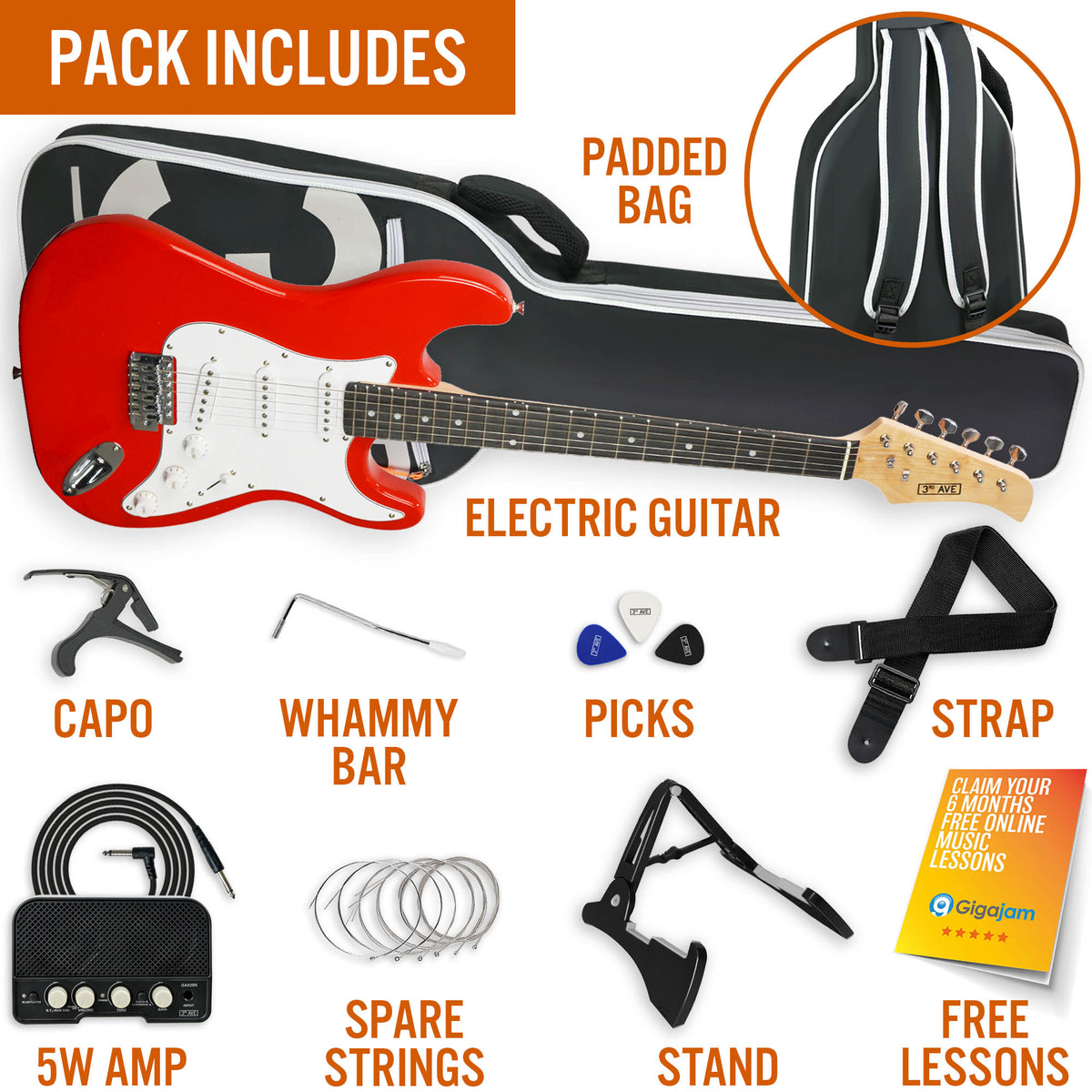 3rd Avenue Full Size Electric Guitar Pack with Bluetooth Amp#Colour_Red