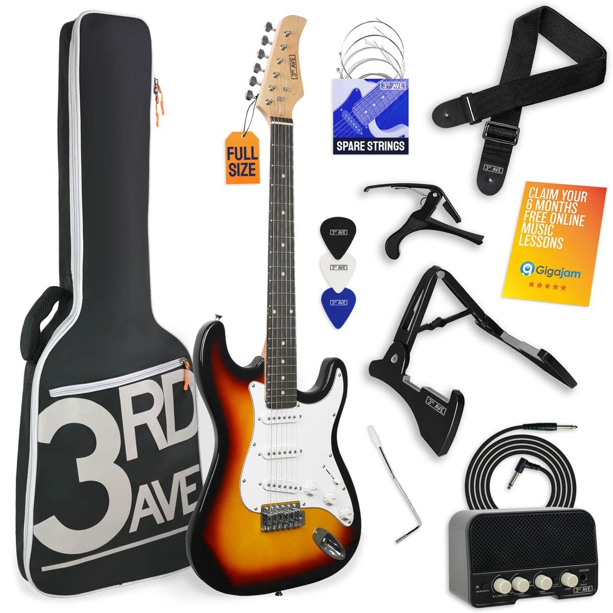 3rd Avenue Full Size Electric Guitar Pack with Bluetooth Amp#Colour_Sunburst