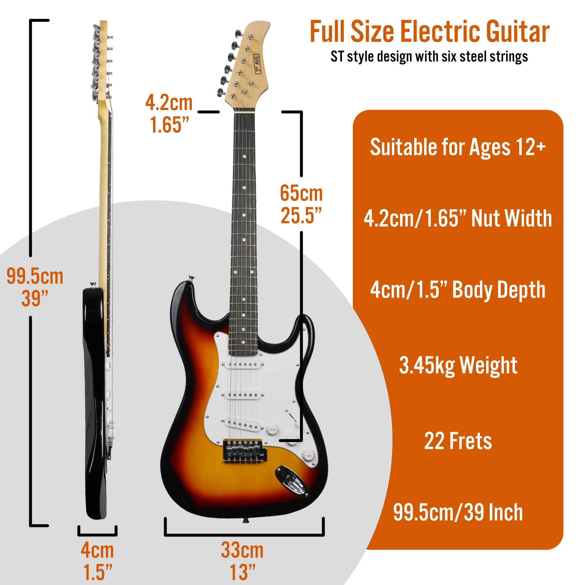 3rd Avenue Full Size Electric Guitar Pack with Bluetooth Amp#Colour_Sunburst