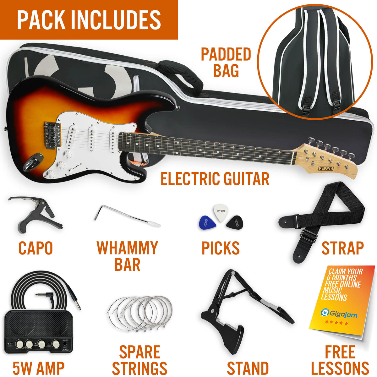3rd Avenue Full Size Electric Guitar Pack with Bluetooth Amp#Colour_Sunburst