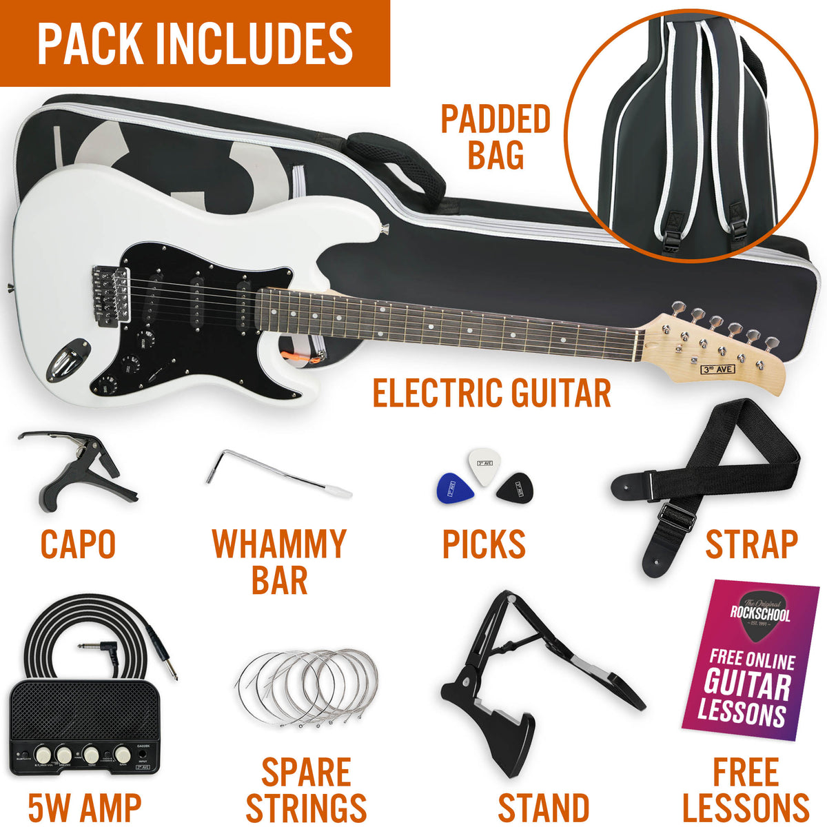 3rd Avenue Full Size Electric Guitar Pack with Bluetooth Amp#Colour_White