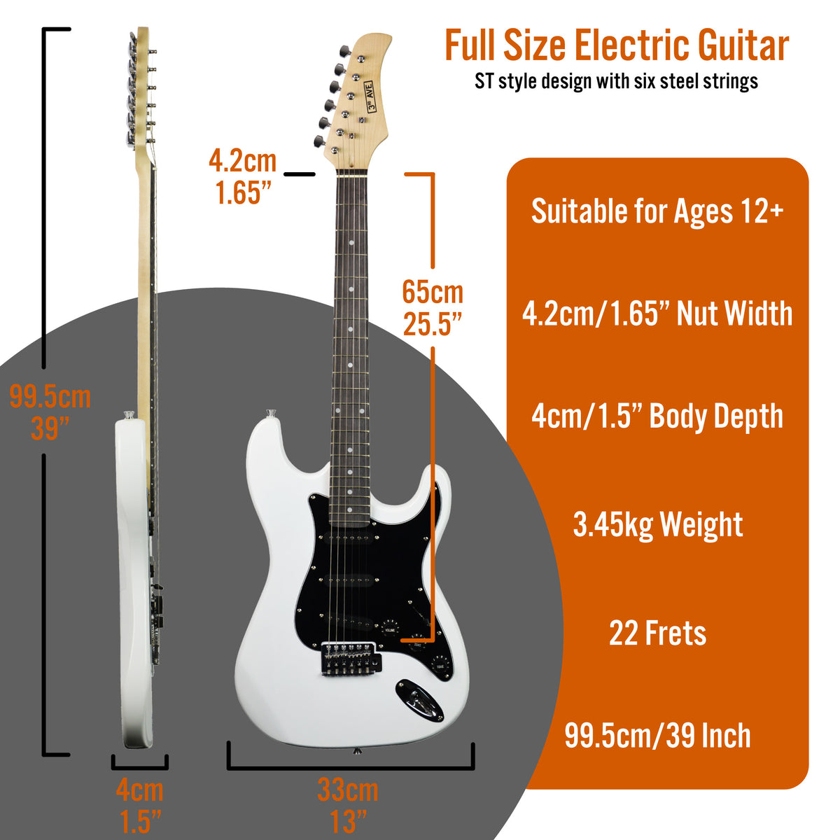 3rd Avenue Full Size Electric Guitar Pack with Bluetooth Amp#Colour_White