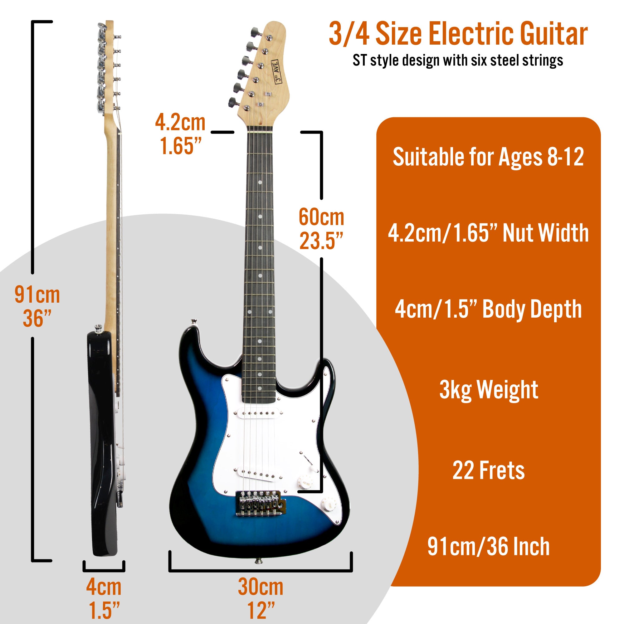 3rd Avenue 3/4 Size Electric Guitar Pack with Amp#Colour_Blueburst