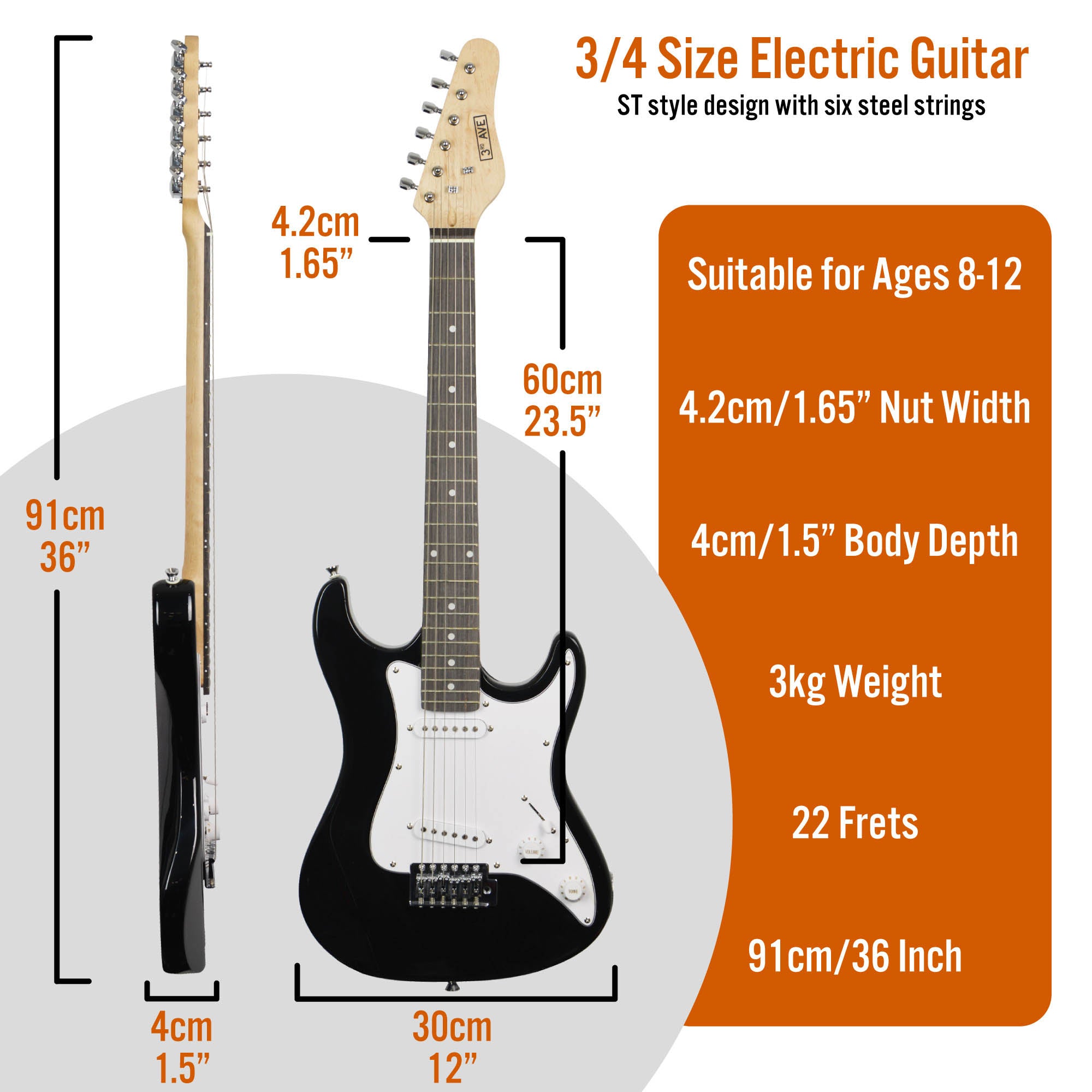 3rd Avenue 3/4 Size Electric Guitar Pack with Amp#Colour_Black