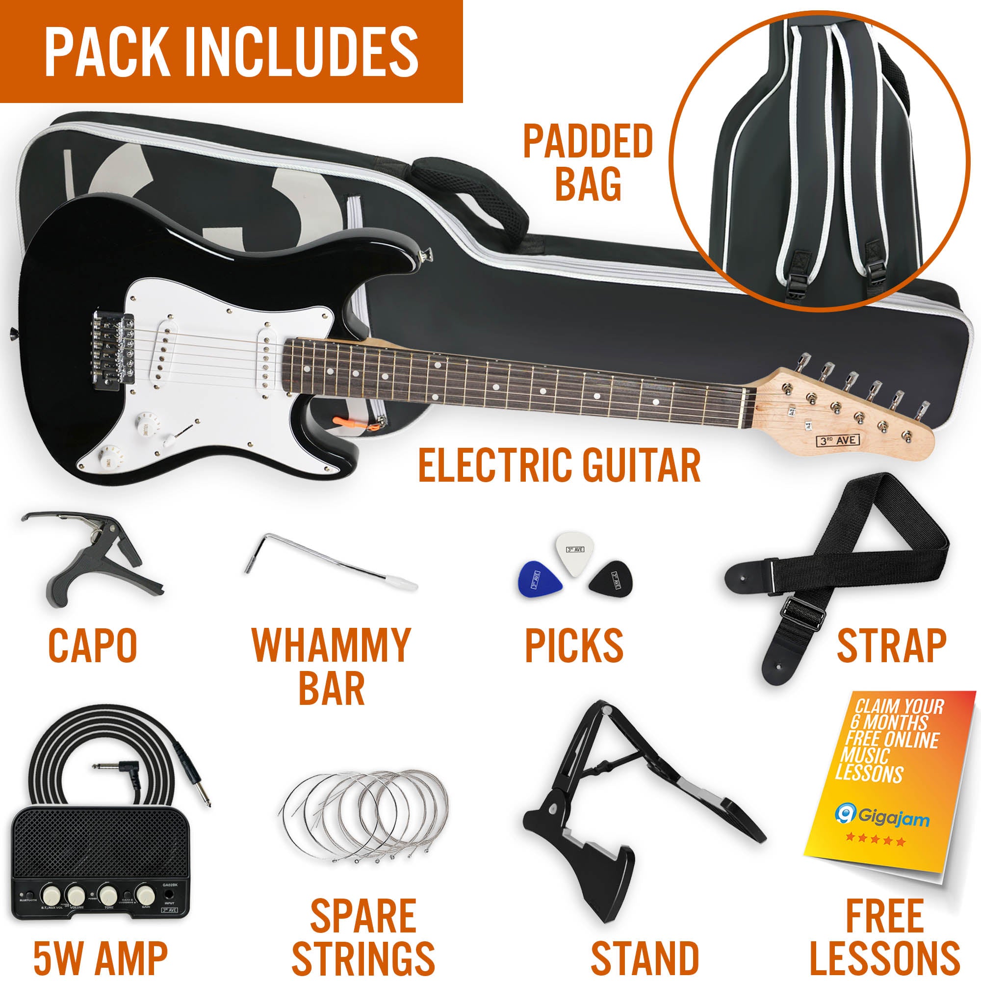 3rd Avenue 3/4 Size Electric Guitar Pack with Amp#Colour_Black