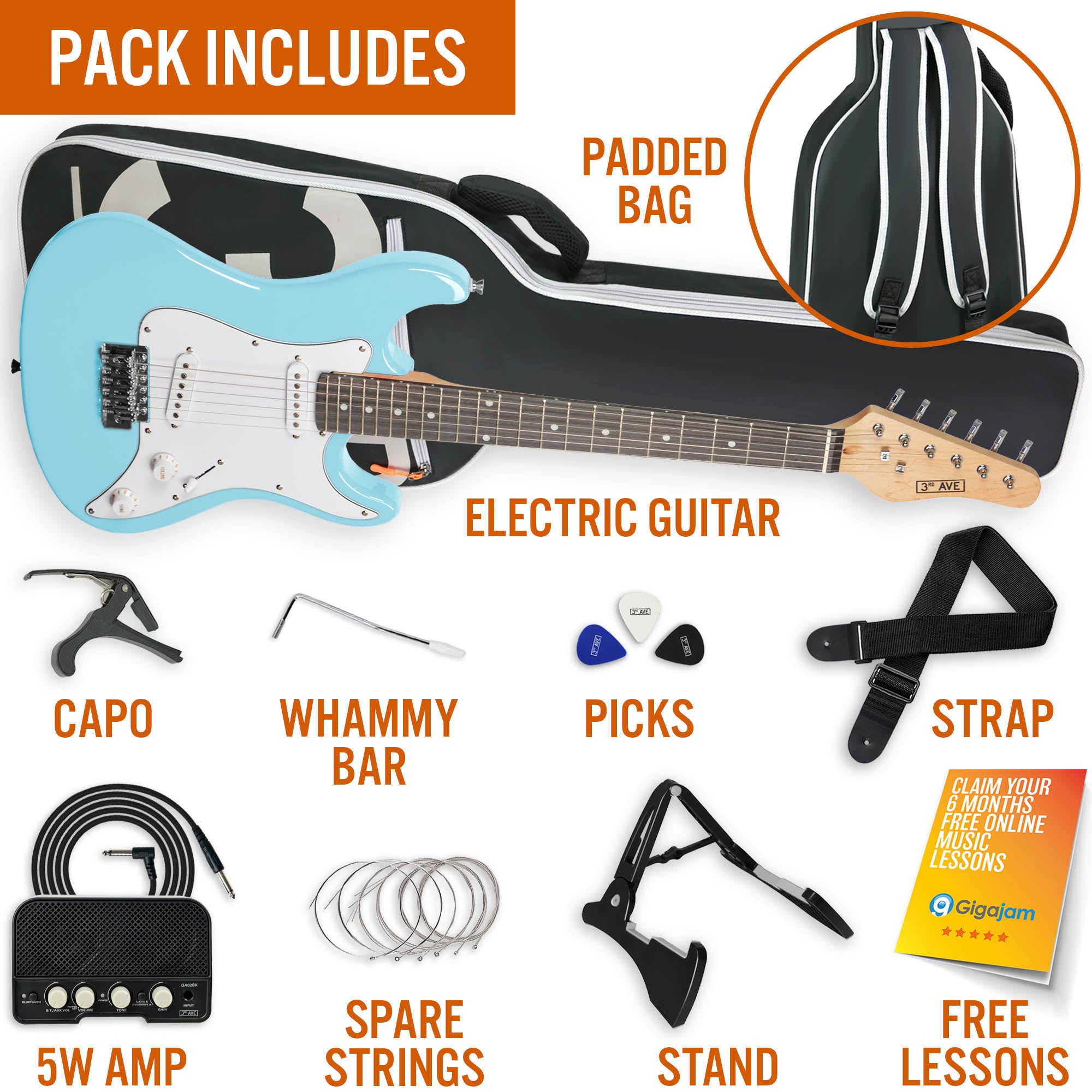 3rd Avenue 3/4 Size Electric Guitar Pack with Amp#Colour_Blue