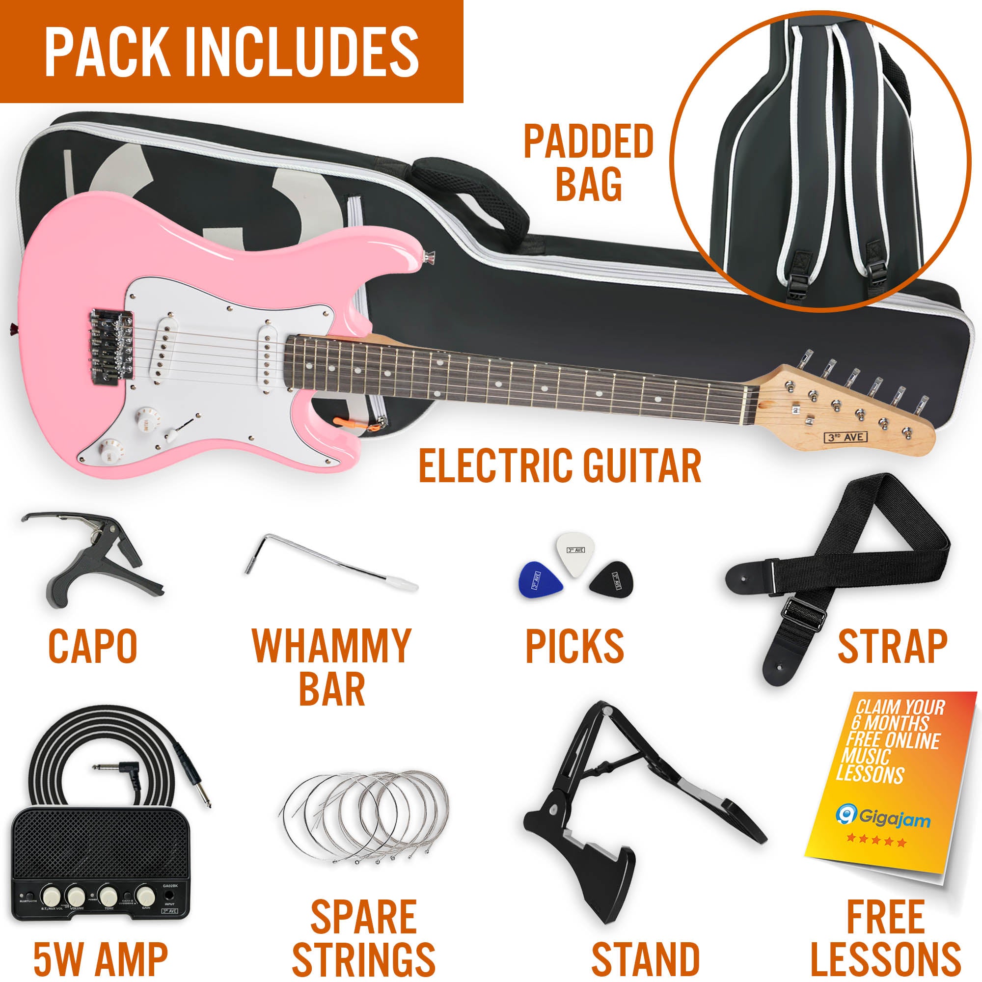3rd Avenue 3/4 Size Electric Guitar Pack with Amp#Colour_Pink
