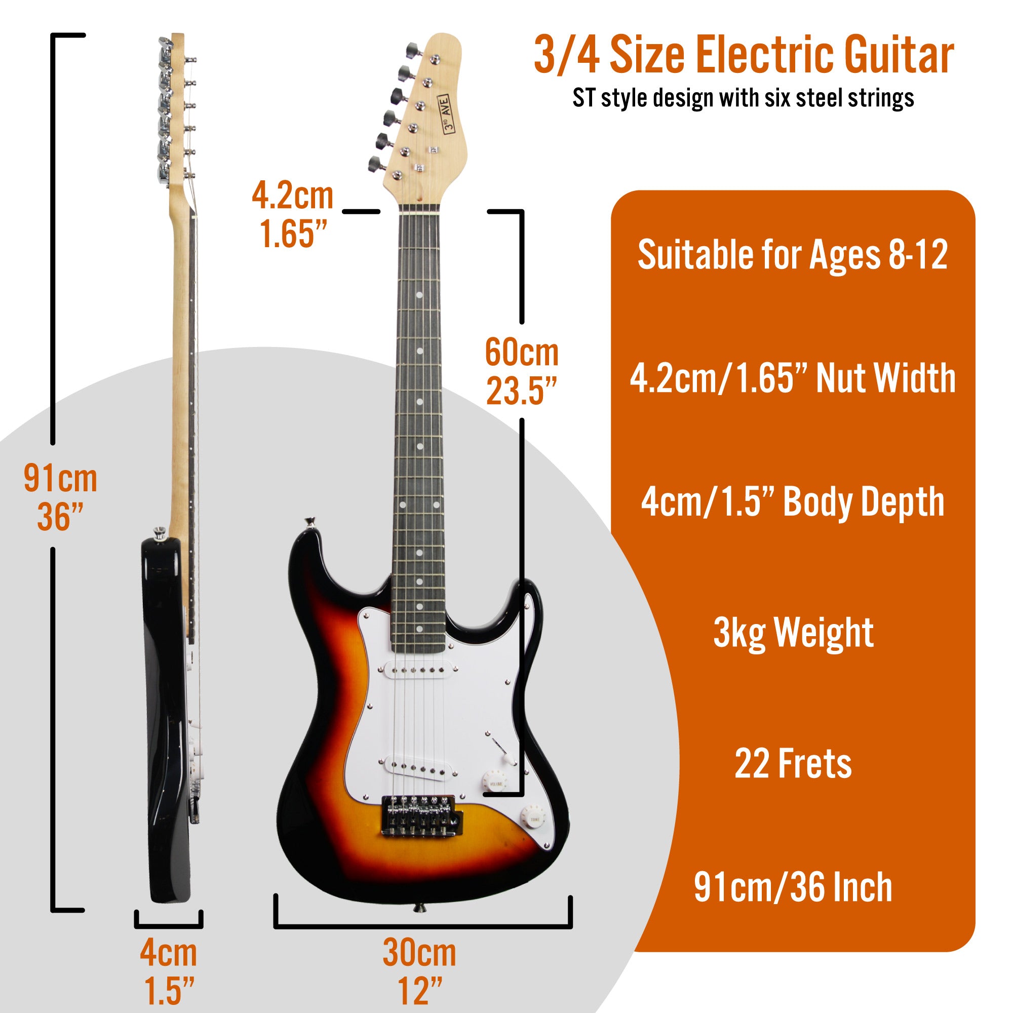 3rd Avenue 3/4 Size Electric Guitar Pack with Amp#Colour_Sunburst