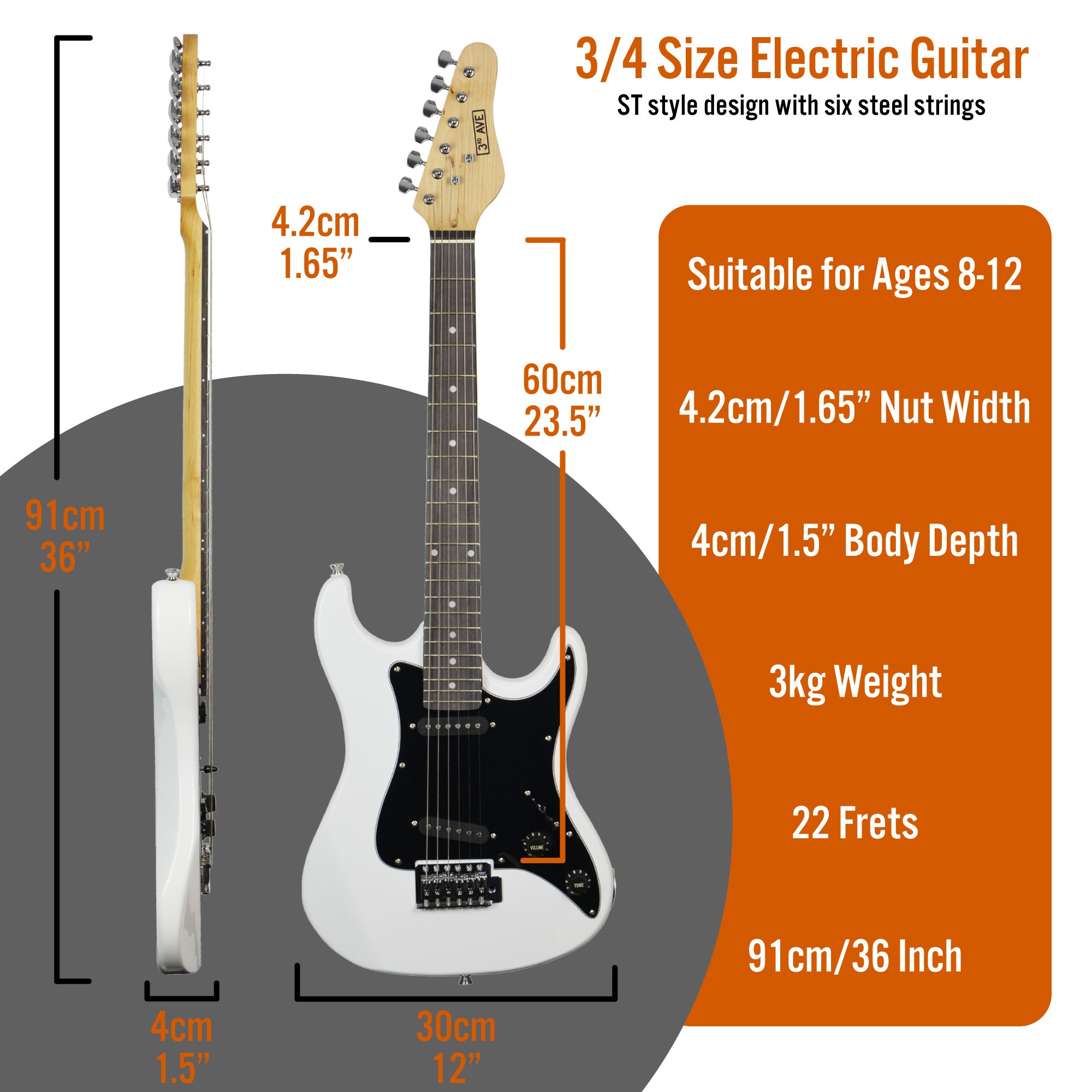 3rd Avenue 3/4 Size Electric Guitar Pack with Amp#Colour_White