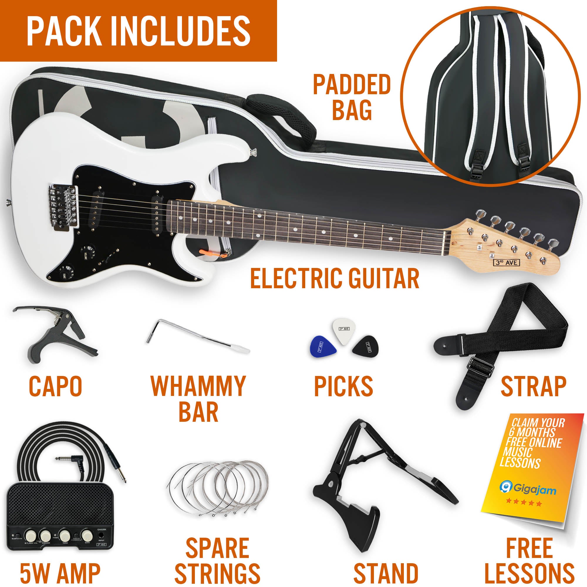 3rd Avenue 3/4 Size Electric Guitar Pack with Amp#Colour_White